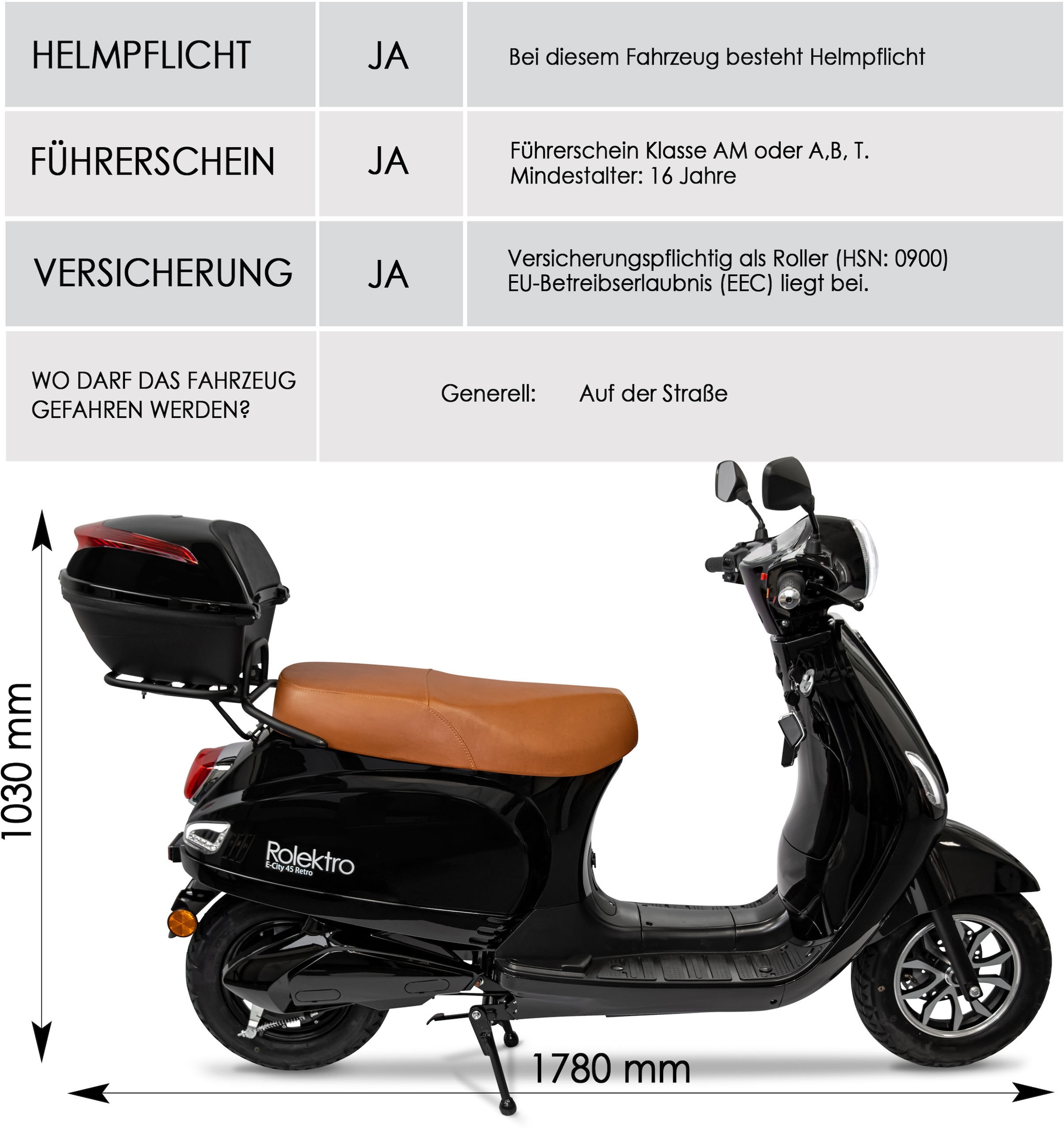 Rolektro E-Motorroller »Retro 45 Lithium, V. 2021«, bis zu 70 km Reichweite, mit USB-Anschluss und integr. Alarmanlage