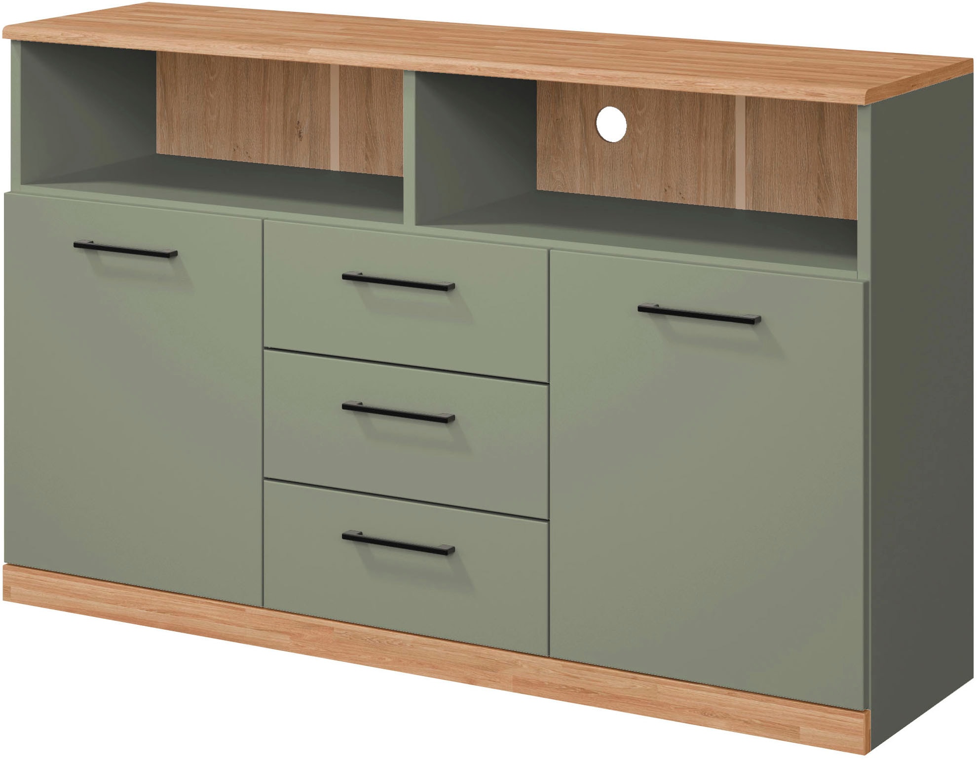 Home affaire Sideboard »Ribe,130cm breit,80cm hoch,Türen und Schubladen,6 Fächer«, Oberplatte Eiche massiv,schwarze Metall Griffe