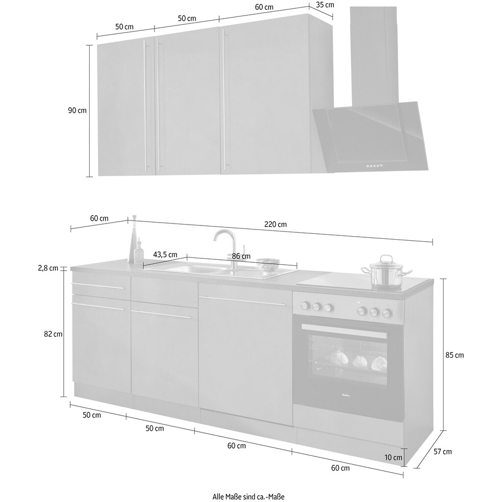 wiho Küchen Küchenzeile »Chicago«, ohne E-Geräte, Breite 220 cm