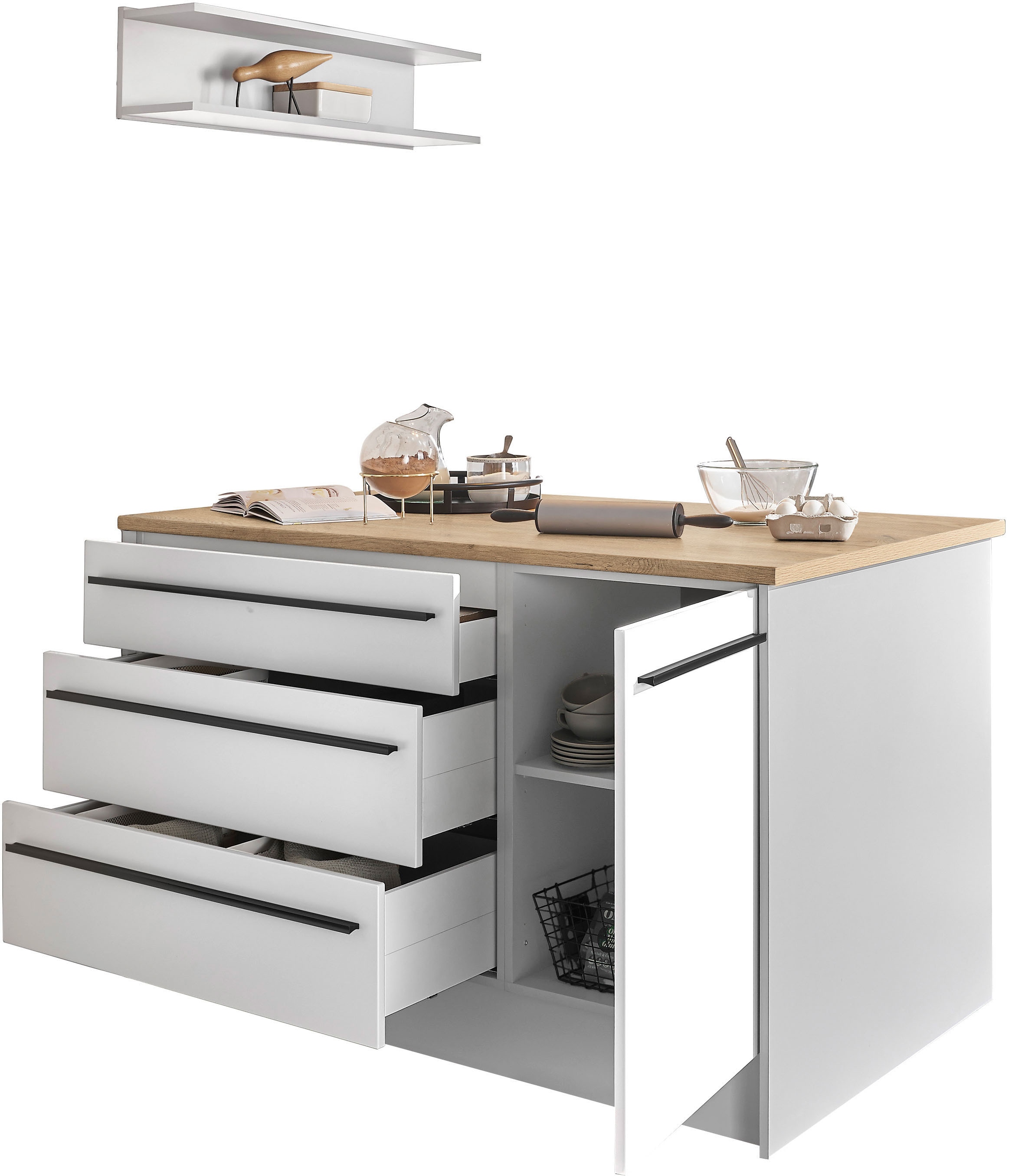 BASIC by Balculina Kücheninsel »Denver, Kochinsel + Küchenregal BxHxT 145 x 90 x 90/BxHxT 90x22x21« Breite 145 cm, mit Tür, Schubkasten, Klappe und offenem Fach