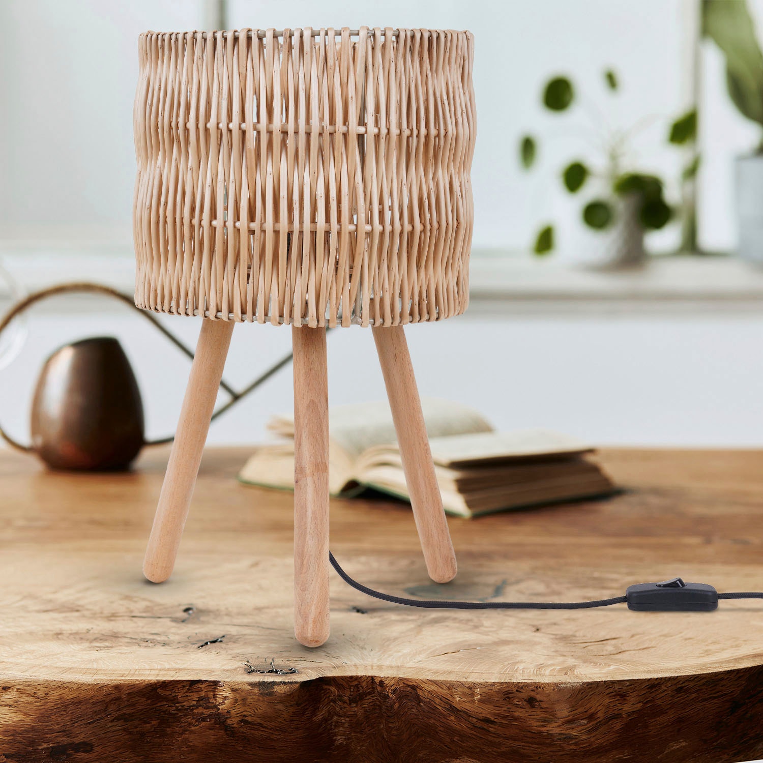 Paco Home Tischleuchte »JORGE« E27 Schreib  Nacht Lampenschirm Korb Boho Holz E27