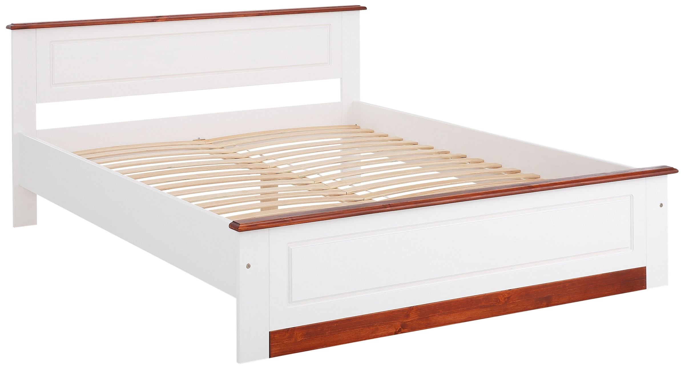 Home affaire Massivholzbett »Madrid, Landhausstil, hohe Belastbarkeit!«, (Breite/Belastbarkeit 180cm/220 KG, 160cm/200 KG, 90cm/=120 KG), aus FSC®-zertifizierter Kiefer, INKLUSIVE Rollrost, Kassettenoptik