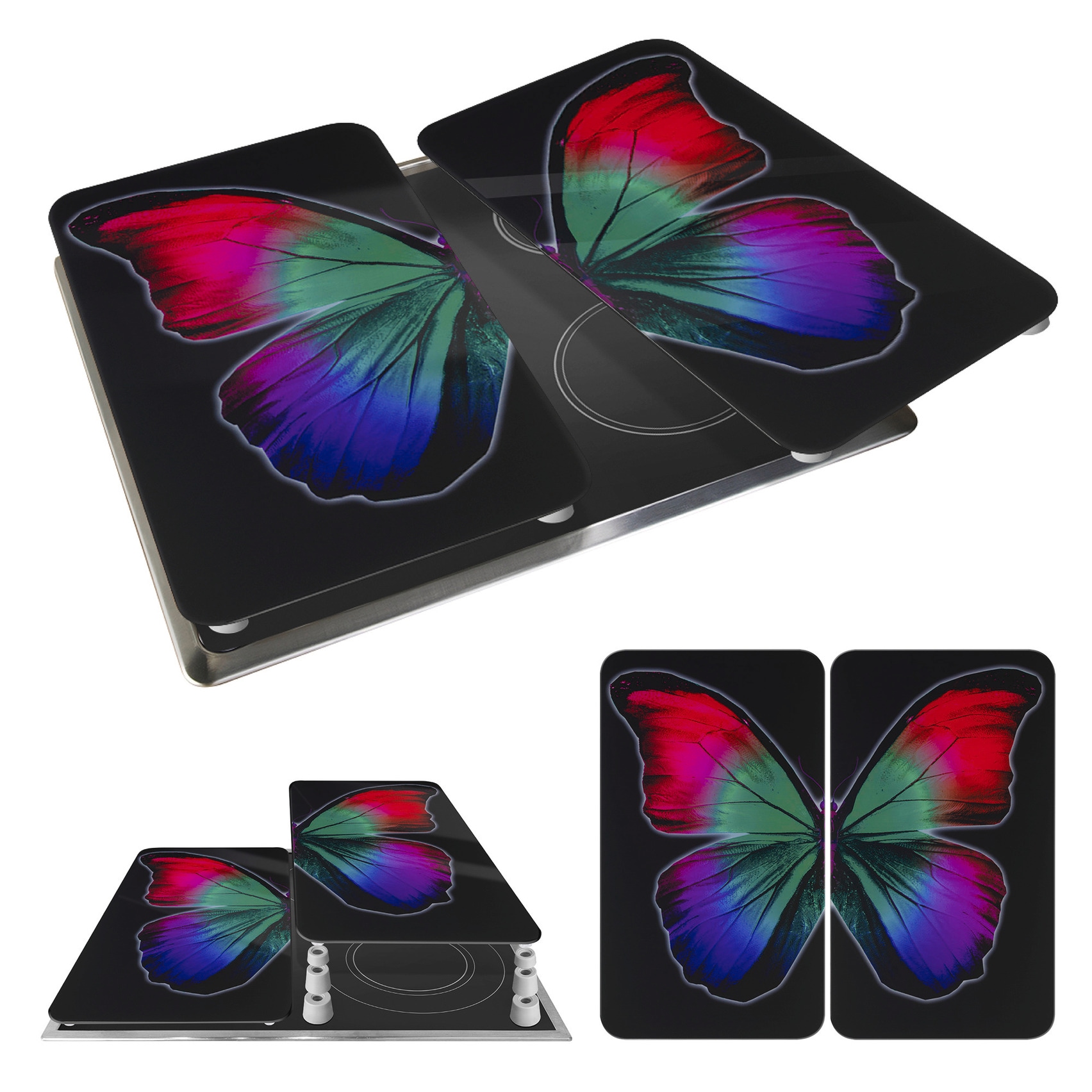 WENKO Herd-Abdeckplatte »Universal Modell Butterfly by Night«, (Set, 2 tlg.), Herdabdeckung für alle Herdarten, kratzfest, mit rutschfesten Füßen