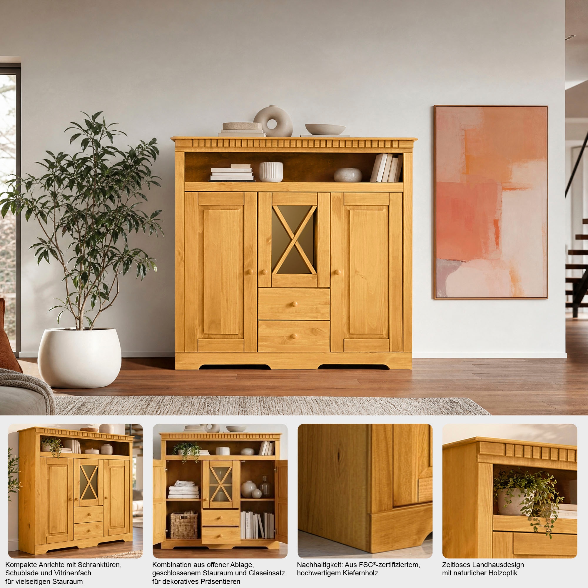 OTTO home Highboard »Lisa Kommode, offene & geschlossene Fächer & dekorative Fräsungen« massives Kiefernholz, 3 Türen, und 2 Schubladen, dekorativen Fräsungen