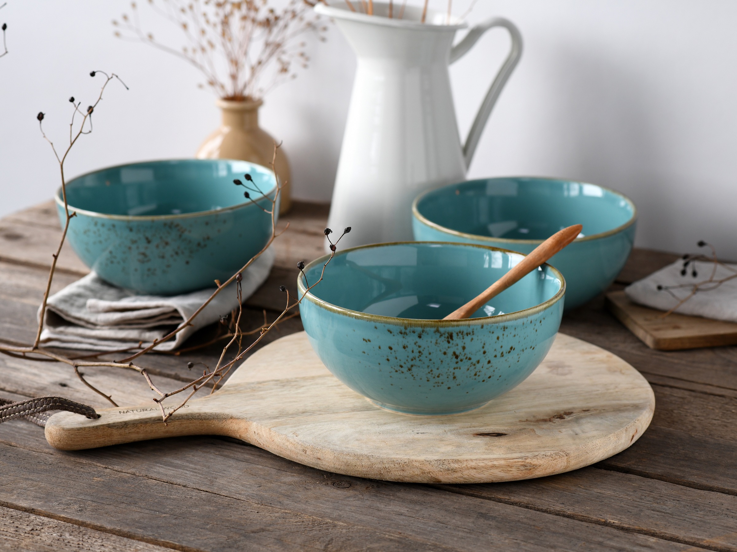 CreaTable Schale »Nature Collection, Buddha Bowl 4-tlg«, 4 tlg., aus Steinzeug, Handwerklicher Look, Vintage, Höhe 7,5 cm