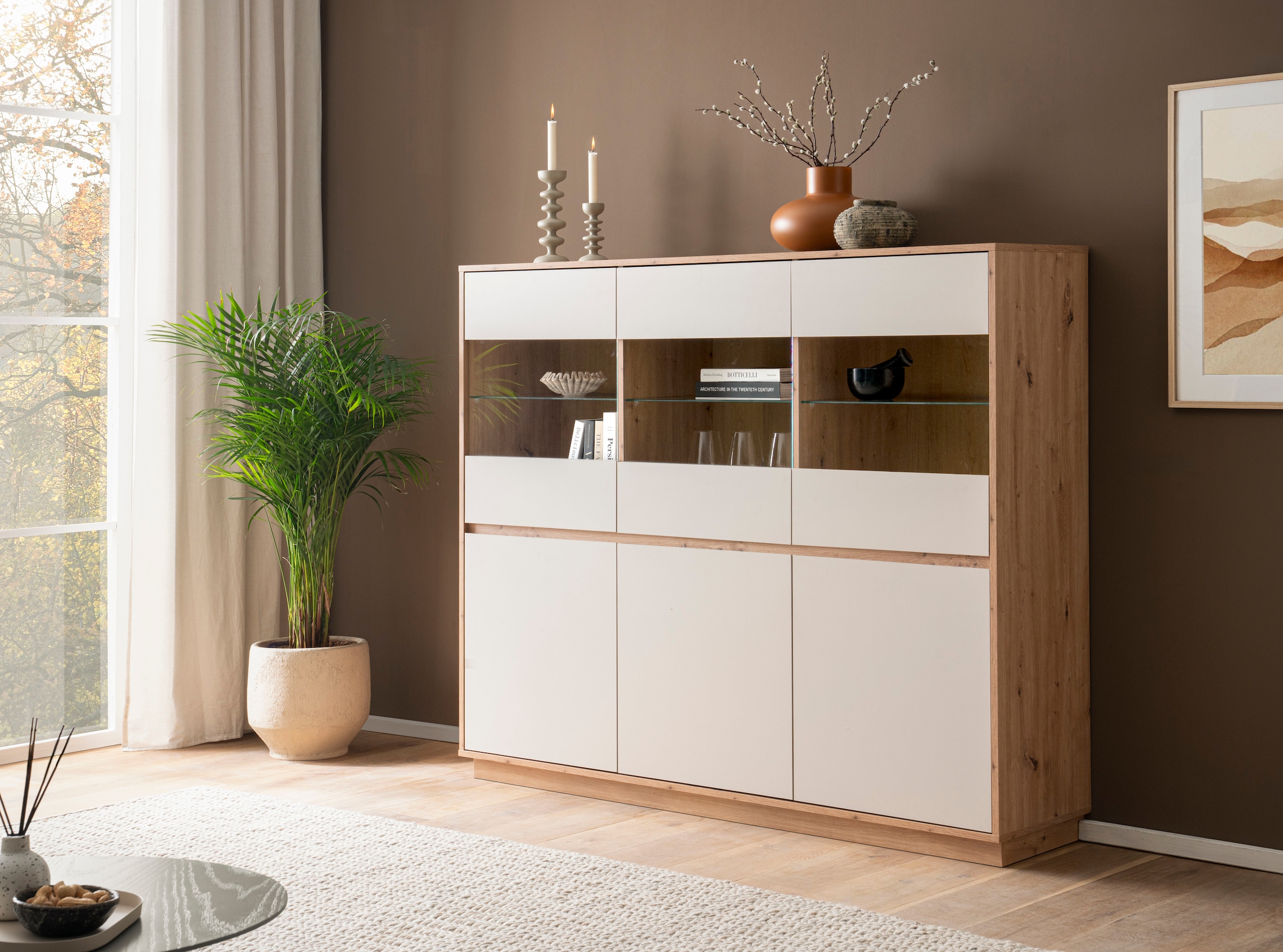 Home affaire Highboard »Sonora, moderner Schrank, Stauraumelement in Eiche Artisan, Kommode« filigrane Rahmenoptik, ausreichend Stauraum, vielseitig einsetzbar