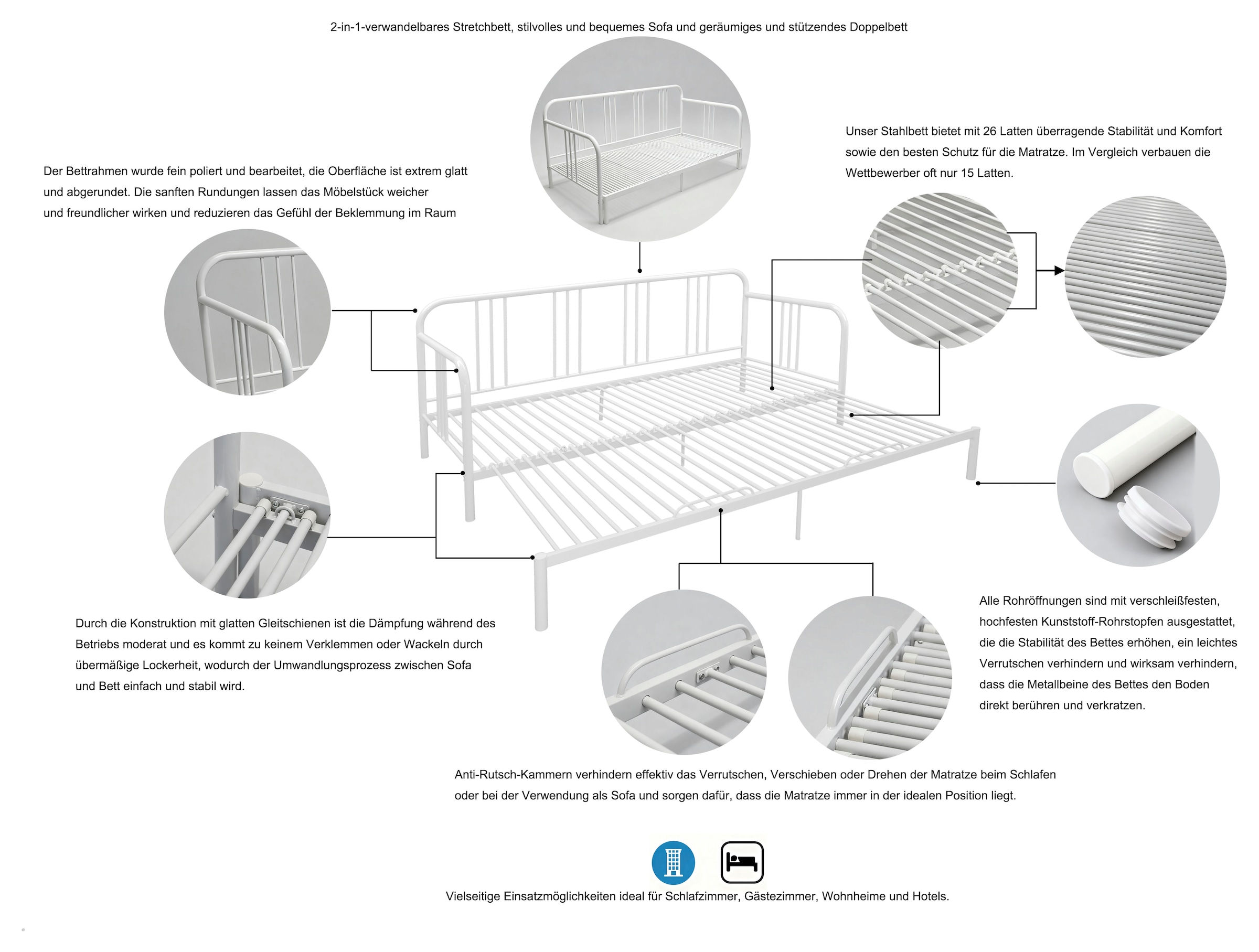 OTTO home Metallbett »Trento Bett Bettgestell Bestseller Doppelbett Ausziehbett« Bestseller Gästebett Sofabett Schlafzimmer,  Daybett mit Ausziefunktion im Landhausdesign weiß