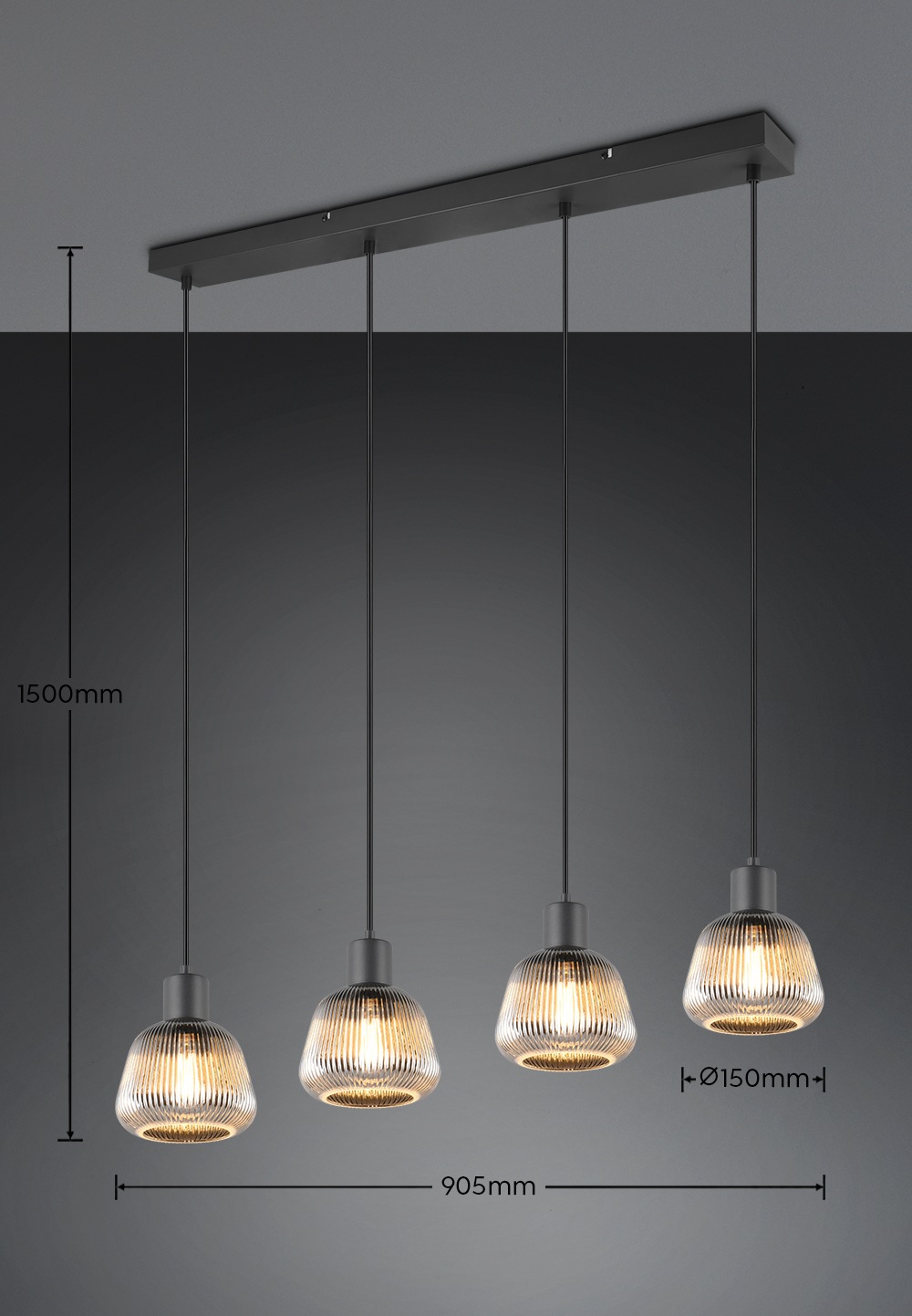 TRIO Leuchten Pendelleuchte »TARIFA, 4-flammige Hängeleuchte exkl 4xE27 max 25W, Glas Hängelampe«, 4 flammig, Leuchtmittel E27 | Leuchtmittel wechselbar, höhenverstellbar max 150cm Glas in Riffeloptik und leicht verspiegelt