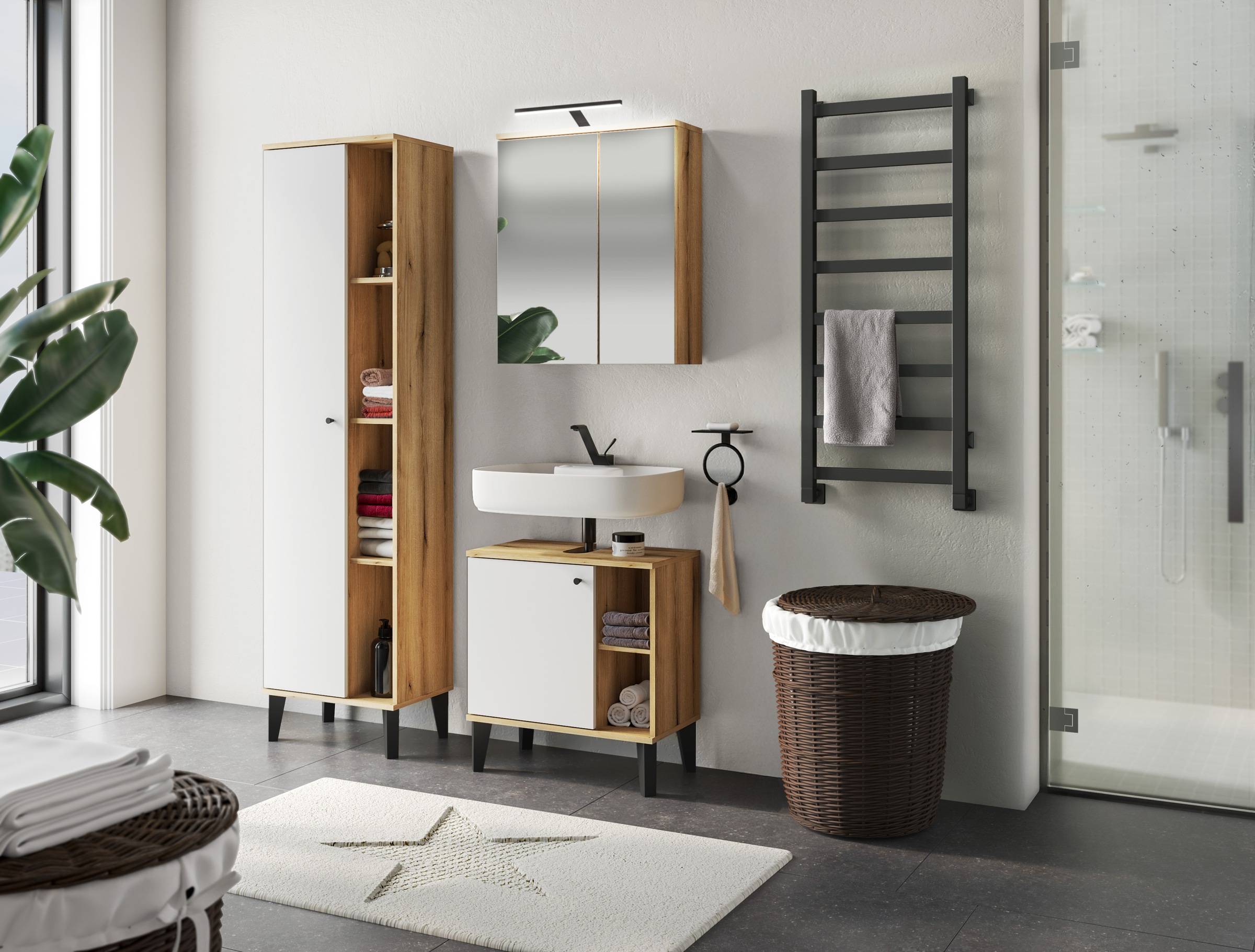 INOSIGN Badmöbel-Set »OSLO, Bad im skandinavischen Design, 5-teiliges Badezimmer«, (Set, 3 St.), Badschränke und Spiegel, in zwei Farben verfügbar, viel Stauraum