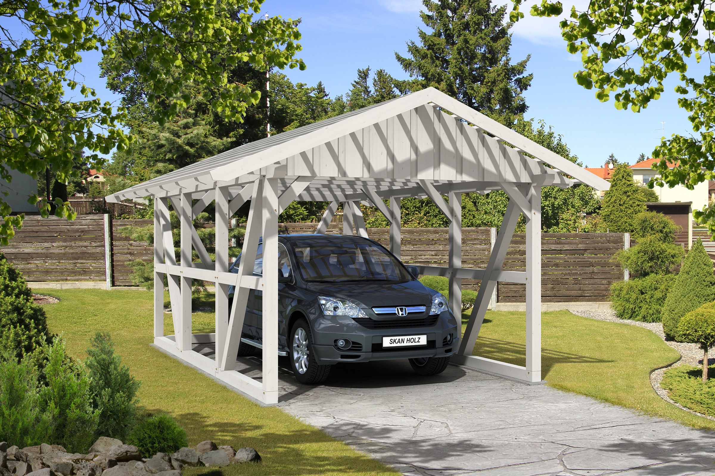 Skanholz Einzelcarport »Schwarzwald«, 300 cm, Weiß, mit Rückwand, mit Dachlattung