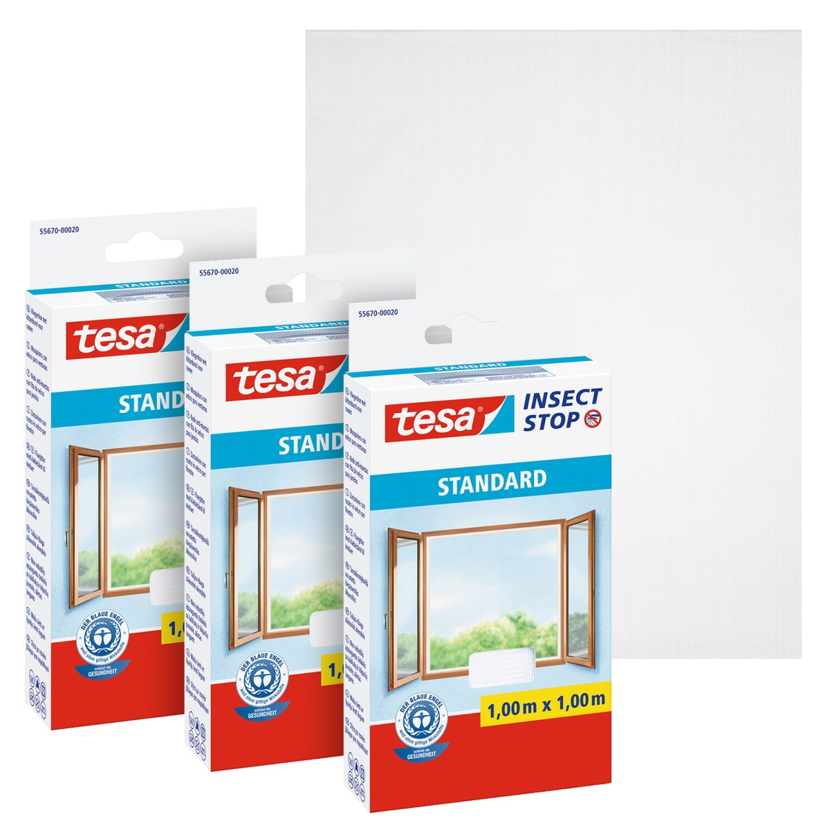 tesa Insektenschutz-Fensterrahmen »Insect Stop Standard Fliegengitter für Fenster - 1.0 m : 1.0 m« Packung, Fliegennetz, Klettband, 3 Stk. tlg. Insektenschutzgitter -Fliegenetz ohne Bohren-zuschneidbar