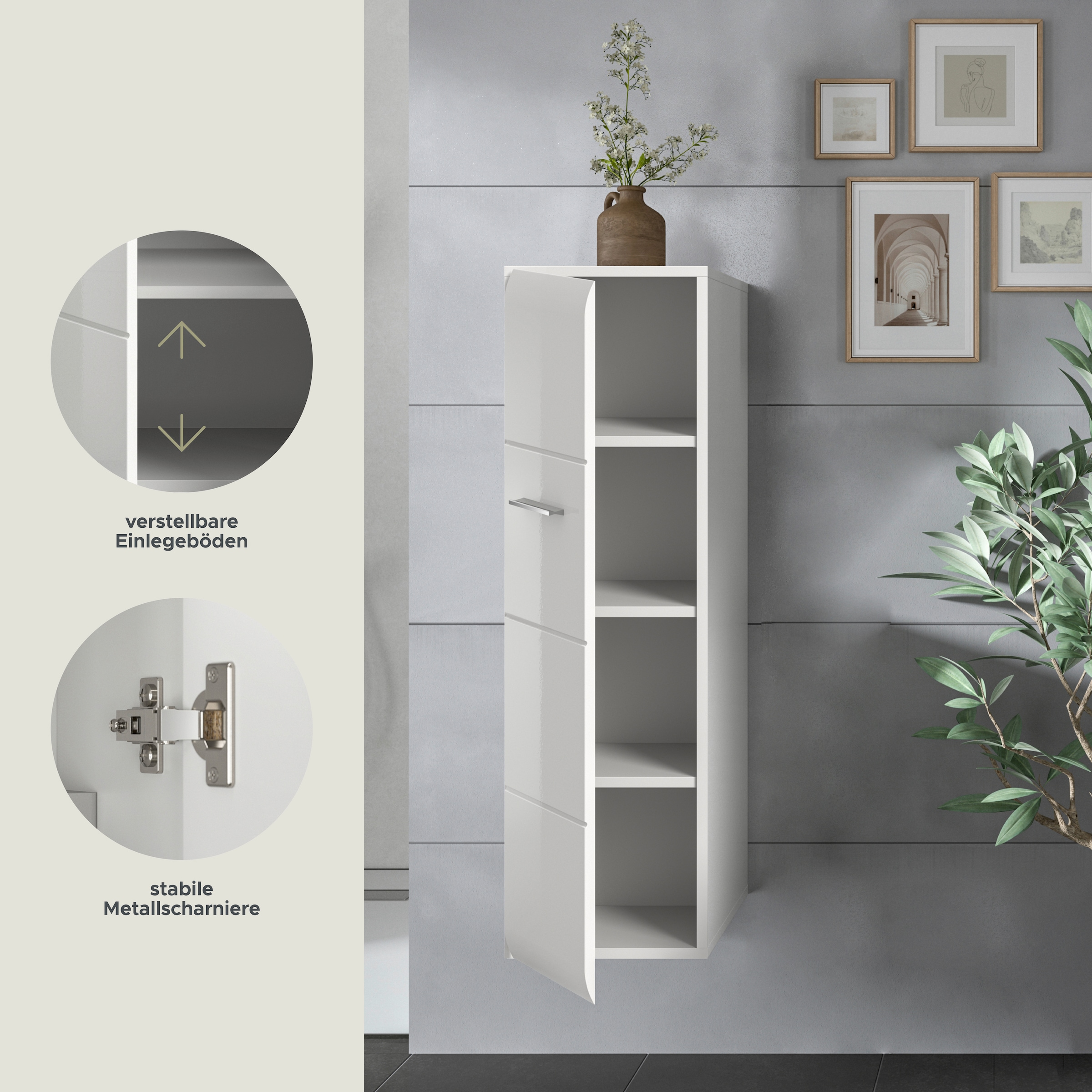 welltime Stauraumschrank 1 Stk. tlg. Florenz, Stauraumschrank, Weiß Hochglanz, 30 cm breit, 4 Fächer