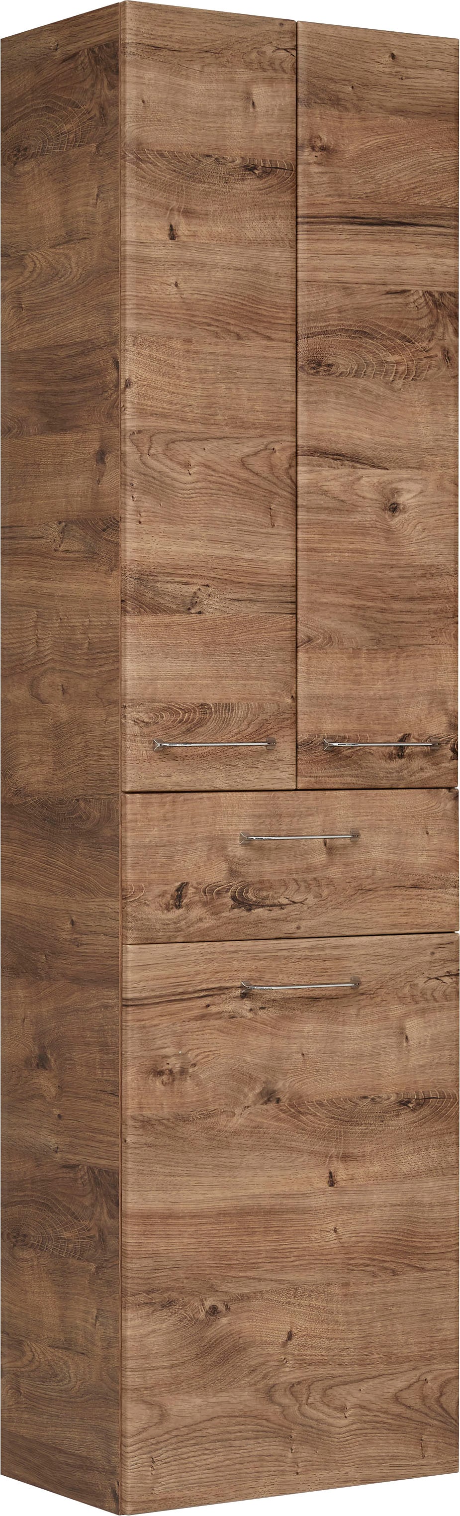 Saphir Hochschrank »Quickset Badschrank 50 cm breit, 2 Türen, 1 Schublade, 1 Wäschekippe«, Badezimmer-Hochschrank inkl. Türdämpfer, Griffe in Chrom glänzend