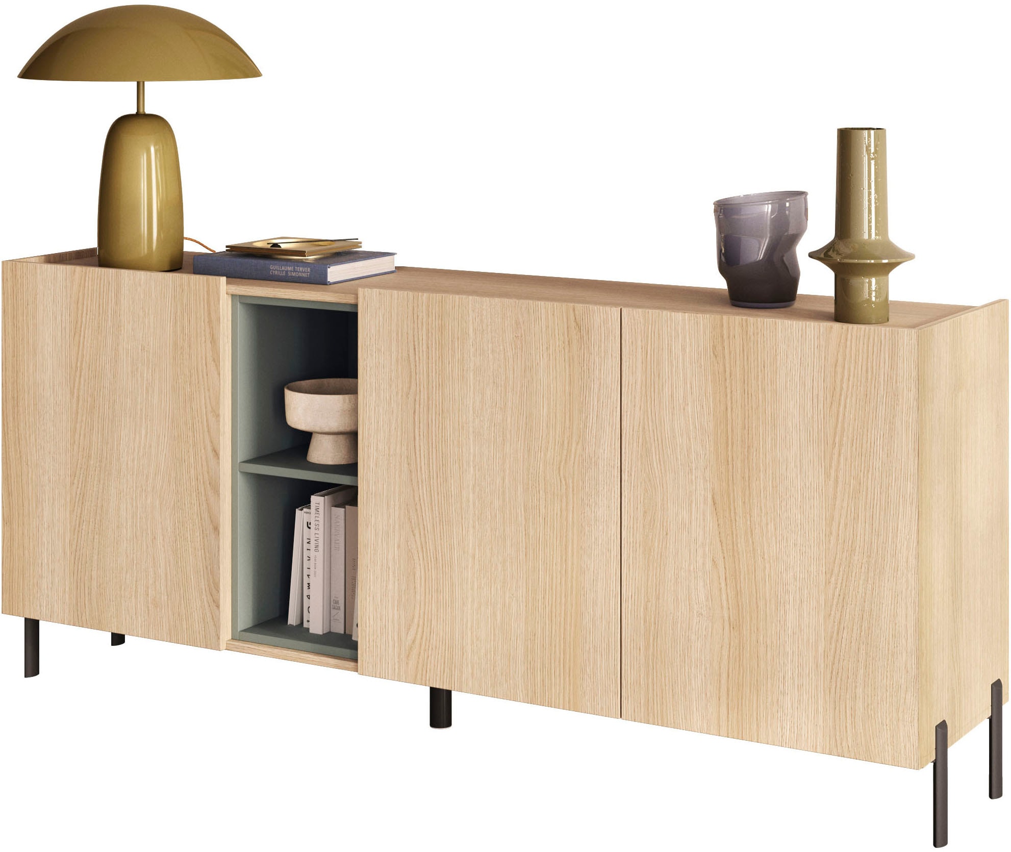 OTTO home Sideboard »Badia, 182 cm breit, 3 Türen, Anrichte, Kommode, Stauraumschrank« Innenliegendes Top, gerade Metallfüße, salbeigrüne Farbakzente
