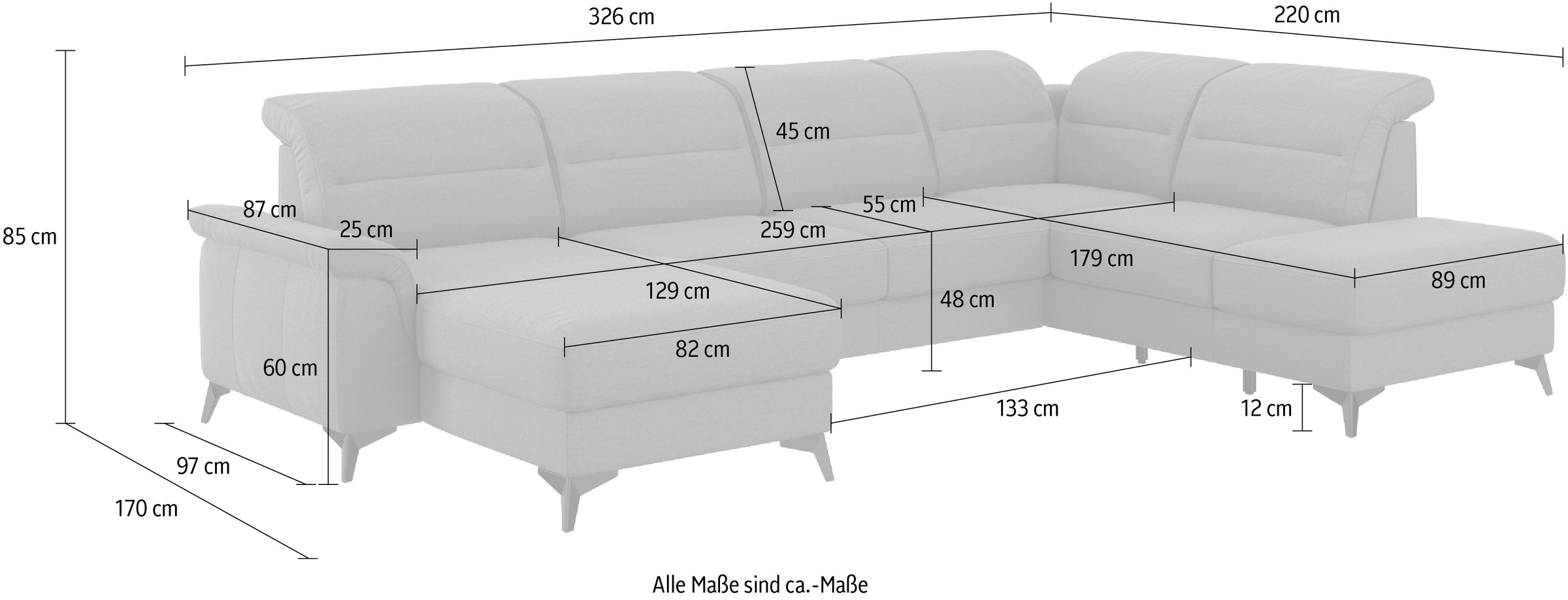 sit&more Wohnlandschaft »Sinatra U-Form«, optional mit Kopfteilverstellung und Armteilfunktion, Metallfüße