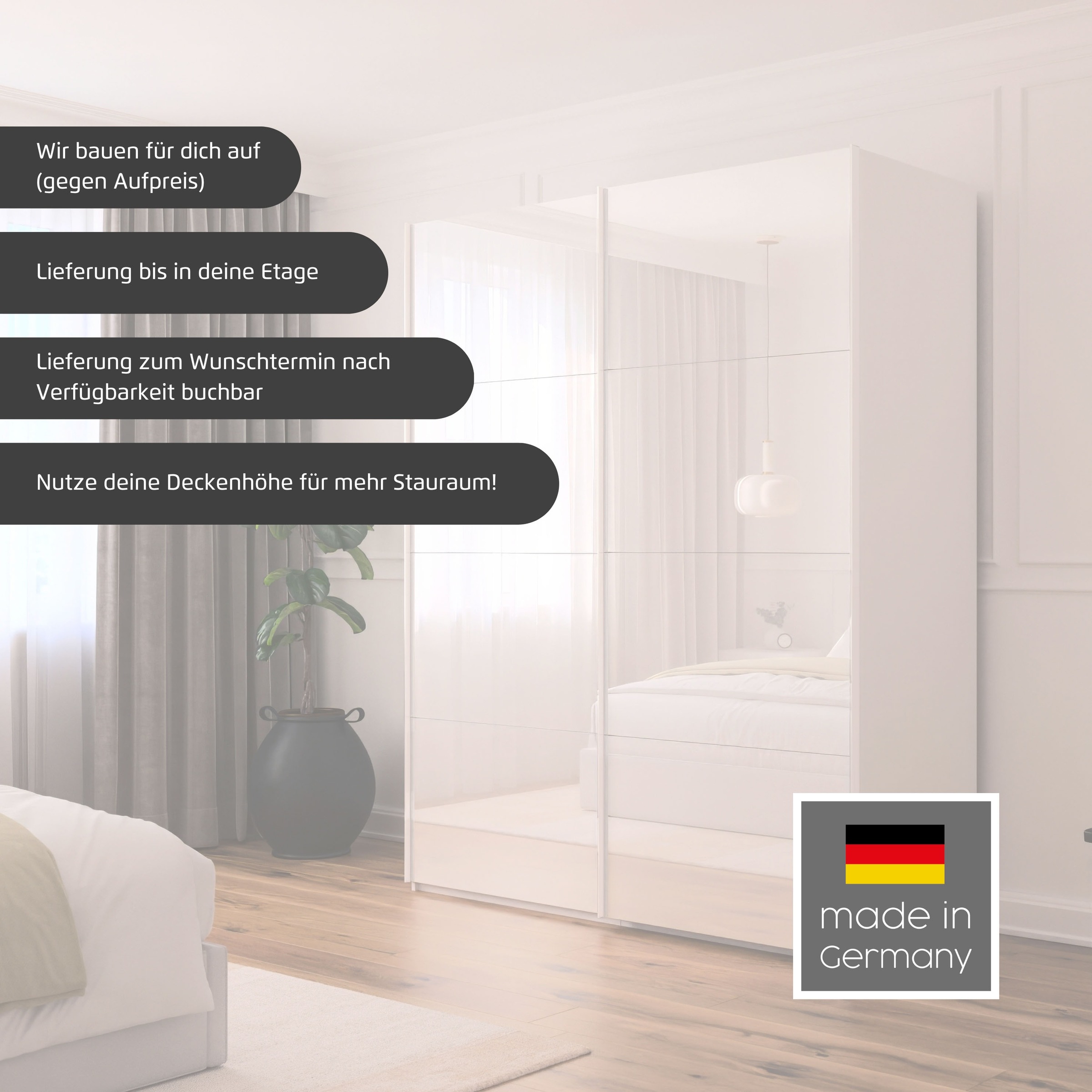 rauch Schwebetürenschrank »Kleiderschrank Schrank Garderobe Schlafzimmerschrank SCALE-FYRA«, edle Türen viergeteilt Glas matt/glänzend viele Farben MADE IN GERMANY
