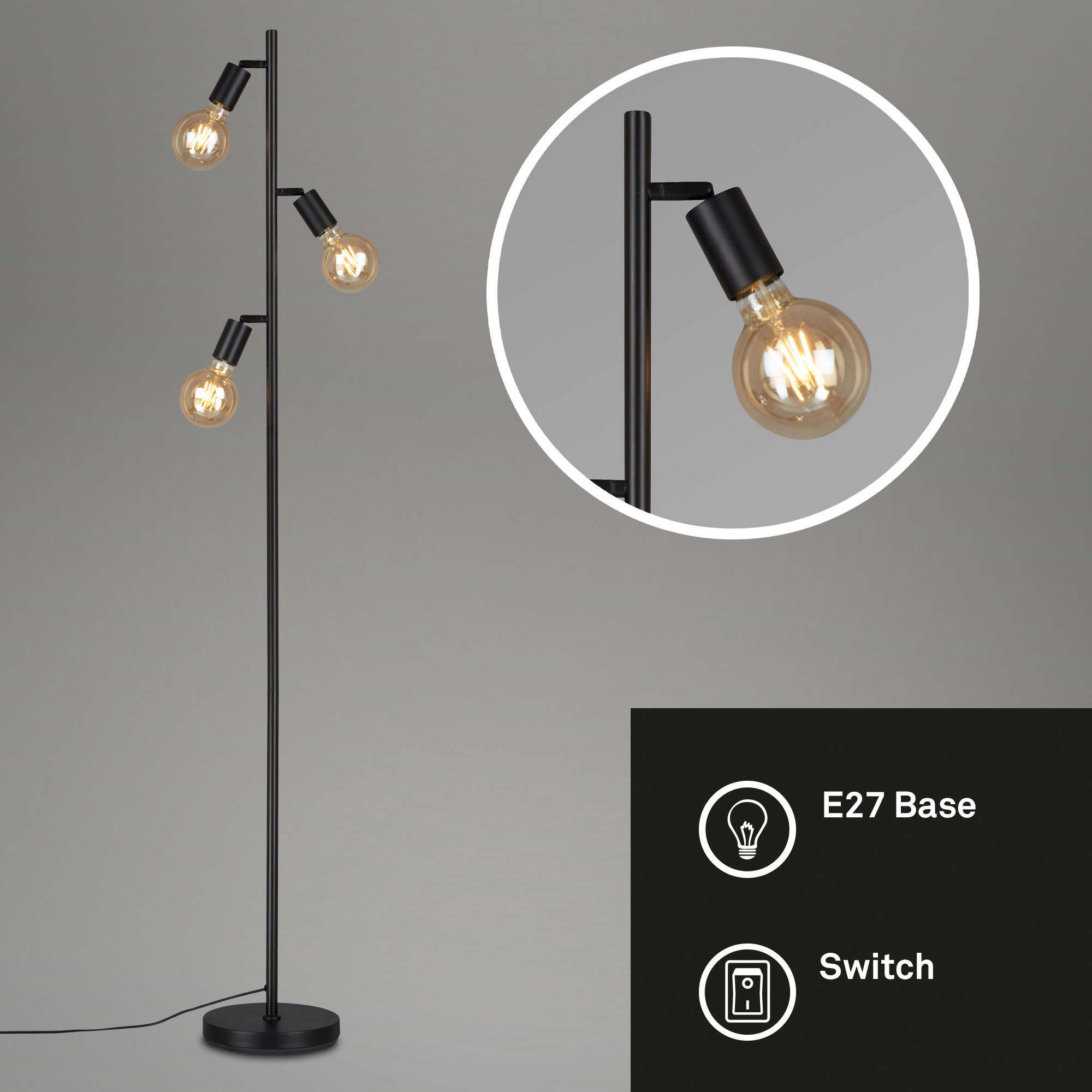 Briloner Leuchten Stehlampe »1387035 KUGLO«, Leuchtmittel E27 | ohne Leuchtmittel, metall/schwarz, inkl. Kabelschalter, exkl. 3x E27 max. 10 W