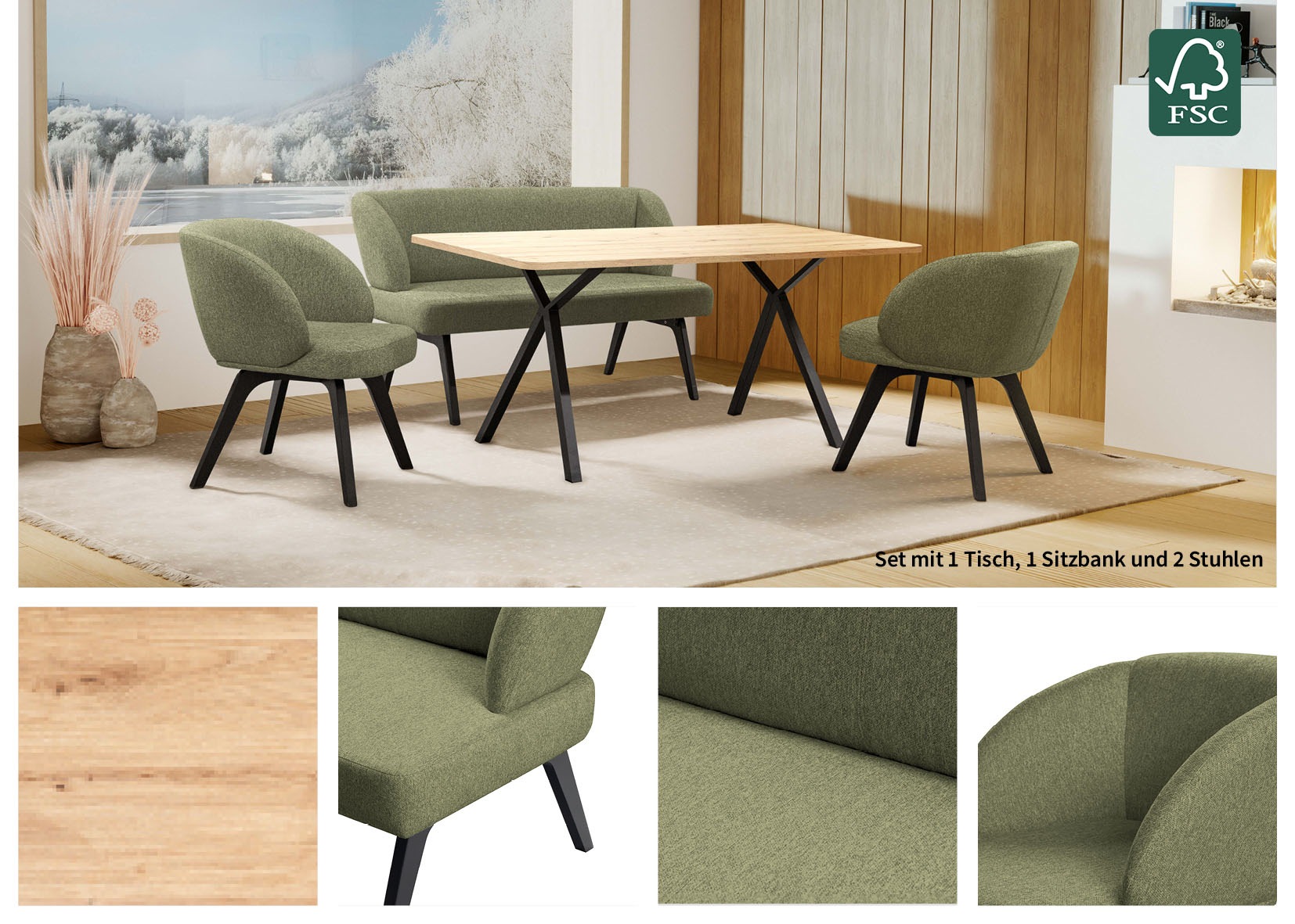 Home affaire Essgruppe »Aretha Esstischbank, Sitzgruppe, Küchenbank, Polsterbank«, (Set, 4 tlg., 4er), Esszimmer Sitzgruppe, Tisch, Stühle und Bank gepolstert, Nosagfederung