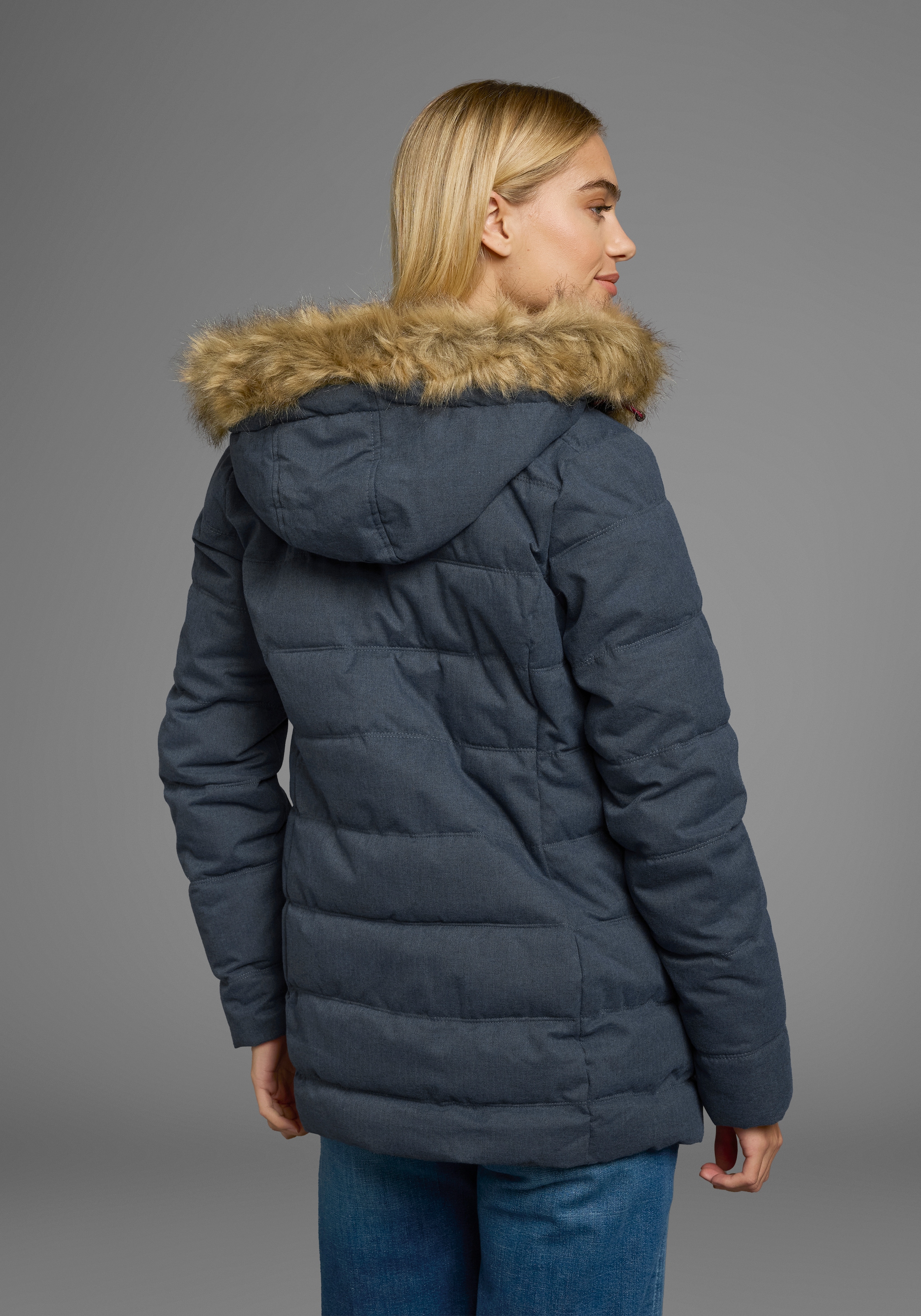 Polarino Steppjacke mit Kapuze mit abnehmbarer Kapuze,  mit Fellimitat,  viele Taschen