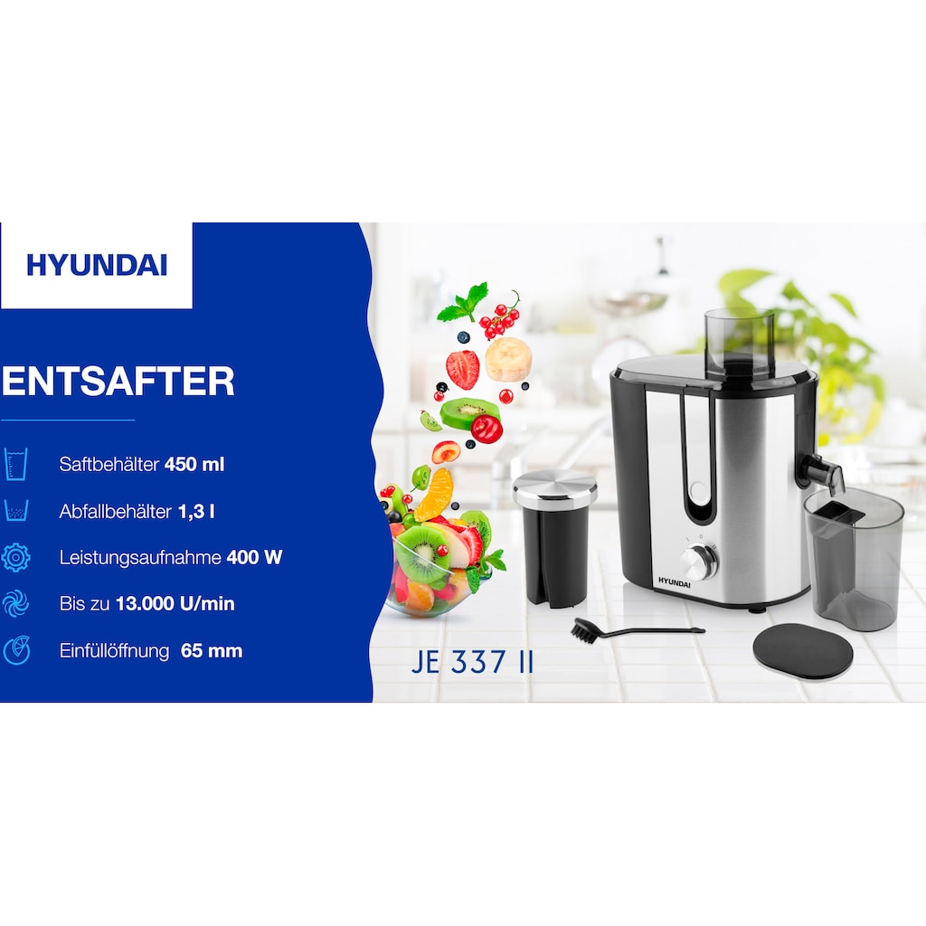 Hyundai Zentrifugenentsafter »JE337II«, 400 W, 9000 - 13000 U/min, Öffnung 65 mm, Saftbehälter 0,45 l