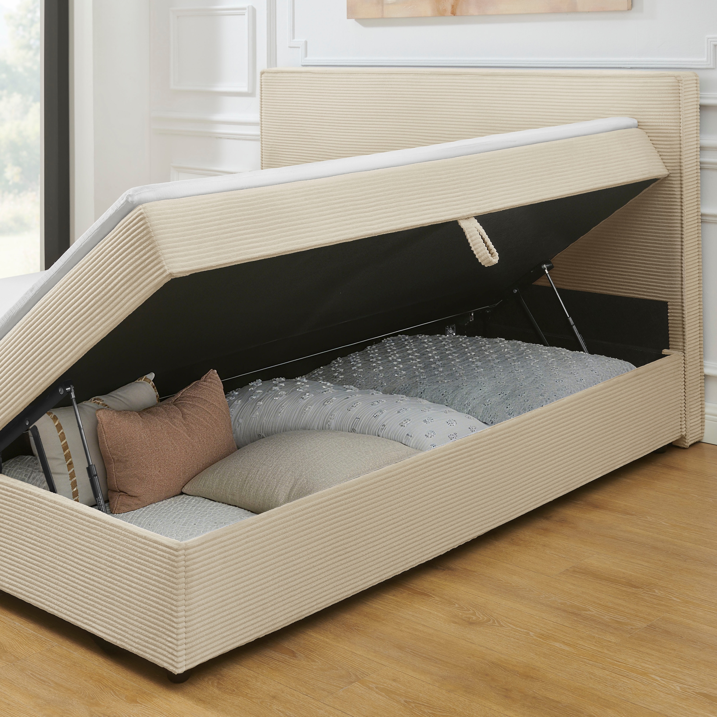 OTTO home Boxbett »Eliaas inkl. Bettkasten und Topper, Liegefläche 180x200cm« erhältlich in hochwertigem Cord-Stoff, inkl. Aufbauvideo