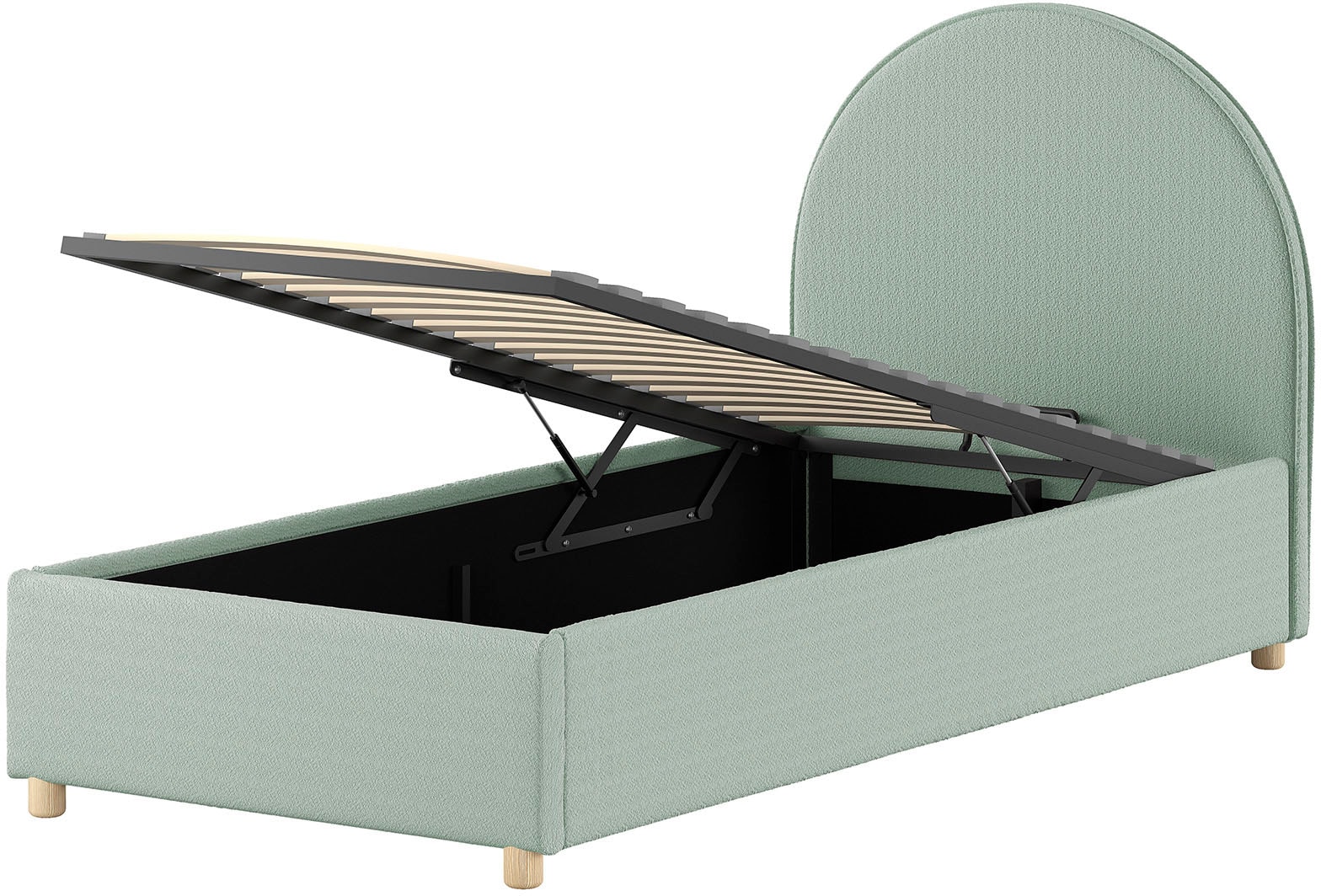 Vipack Boxbett »Moon, mit Lattenrost und Stauraum, modernes Design« gerundetes Kopfteil und in 2 Breiten erhältlich,  inkl. Massivholz Füßen in natur, 3 Stoff Farben zur Auswahl