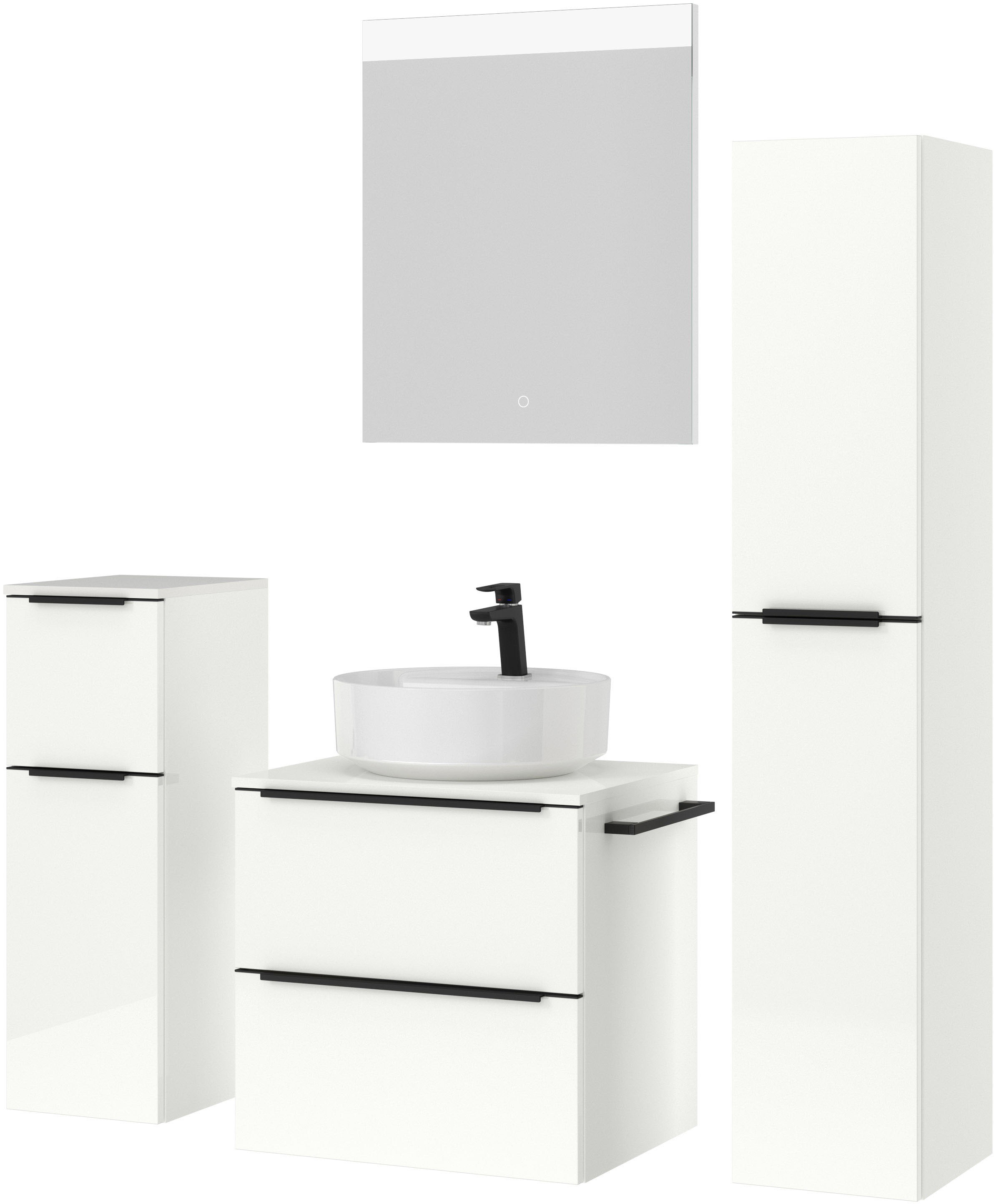 nobilia® Badmöbel-Set »Alvene«, (4 St., vormontiert, mit Soft-Close), Hochglanz, inkl. Spiegel mit Touch-Sensor, in vier Breiten