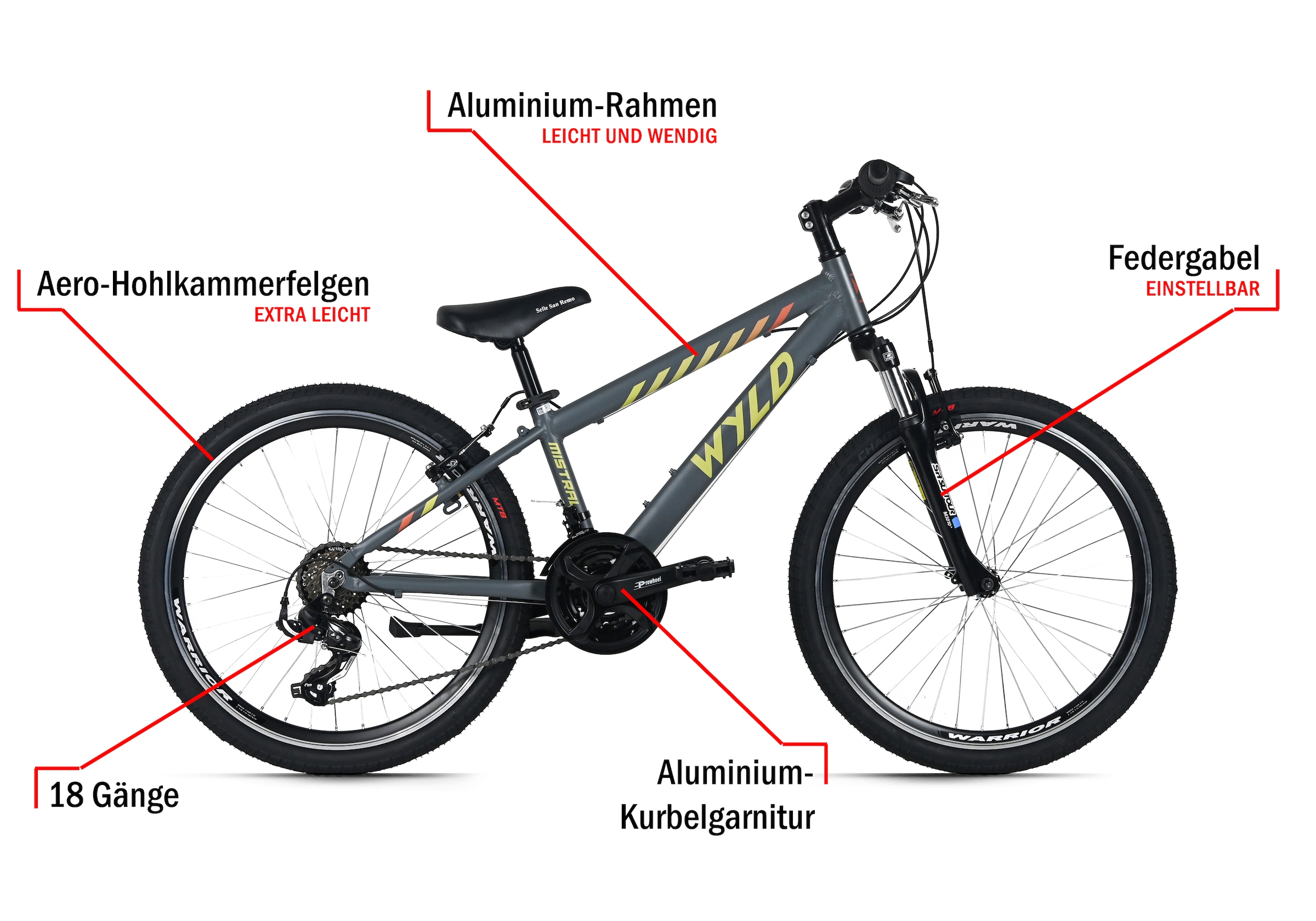 WYLD Kinderfahrrad »Mistral Grau 18 Gänge RH 32 cm - Ab 8 Jahre« 18 Gang Kettenschaltung