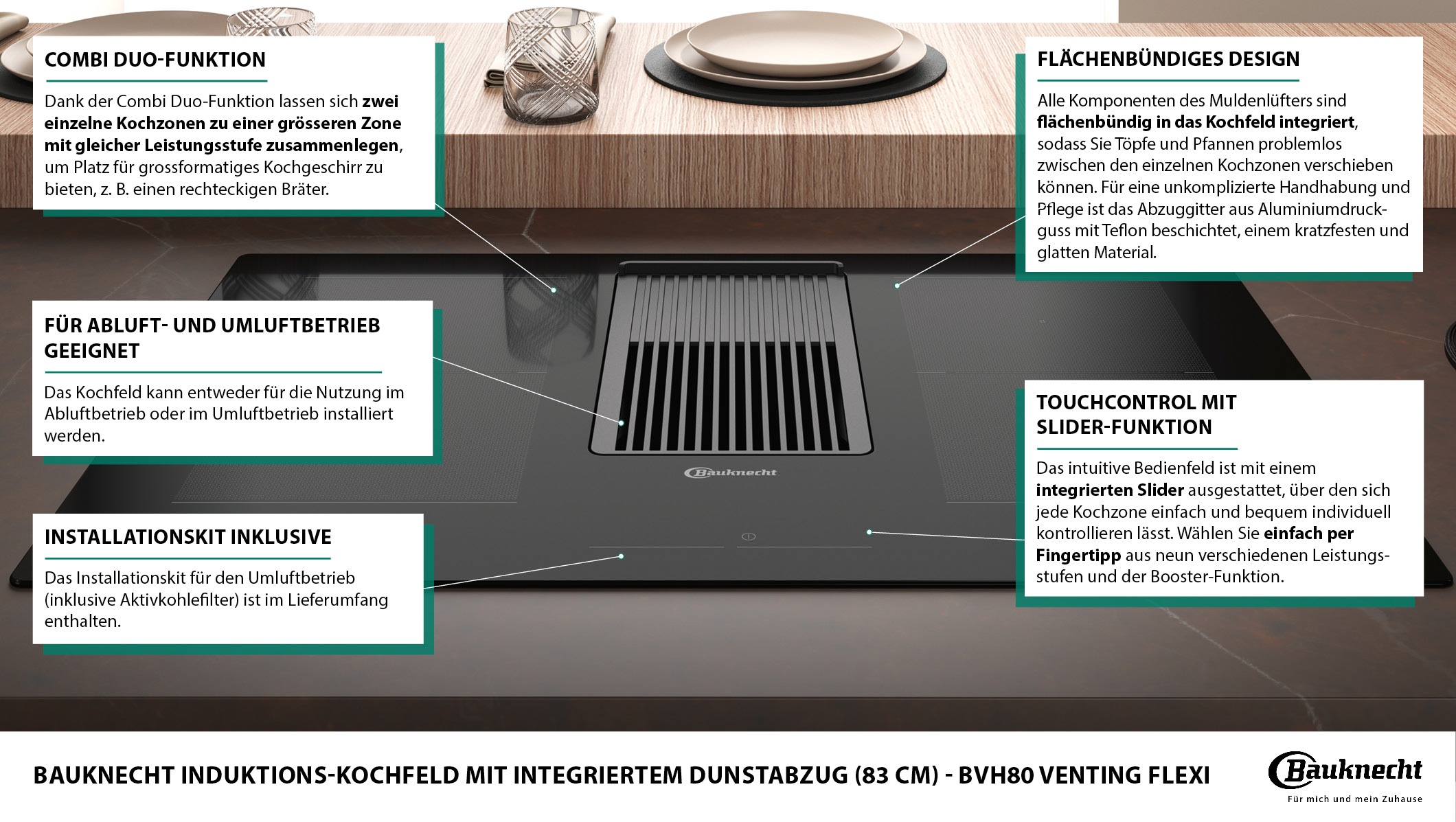 BAUKNECHT Kochfeld mit Dunstabzug »BVH80 Venting Flexi«, inkl. komplettem Installations-Zubehör für Kanalführung