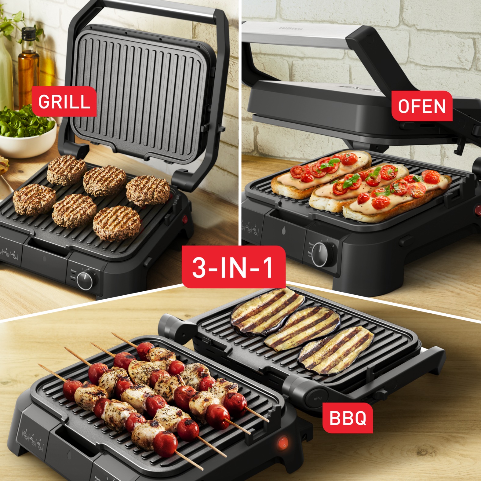 Tefal Kontaktgrill »SuperGrill 3in1, Kontaktgrill, Barbeque-, Ofenposition, 3 Temperaturen«, 2000 W, spülmaschinengeeignete Platten, platzsparende Aufbewahrung, GC510D