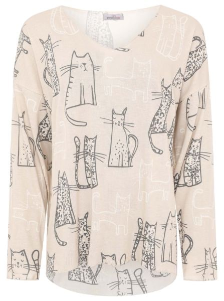 Zwillingsherz Langarmshirt »"Katze"«, One Size, V-Neck, Langarm, Katzen-Motiv