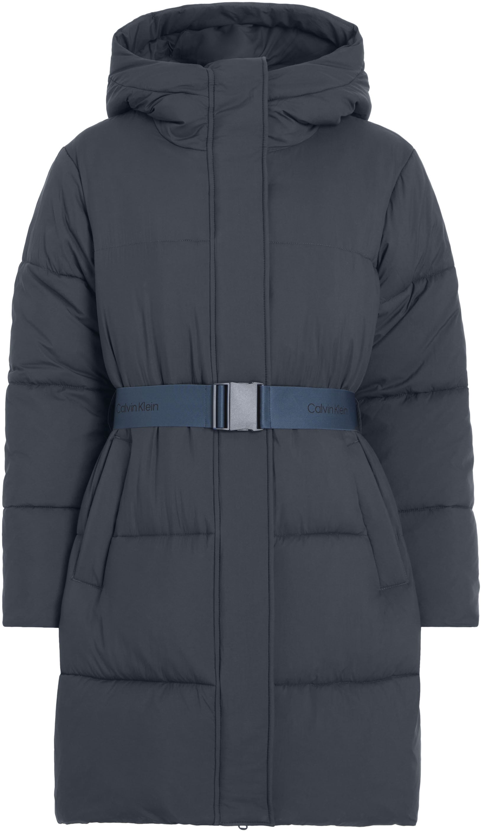 Calvin Klein Jeans Steppjacke »LOGO BELT LONG PUFFER«, mit Kapuze, mit Gürtel