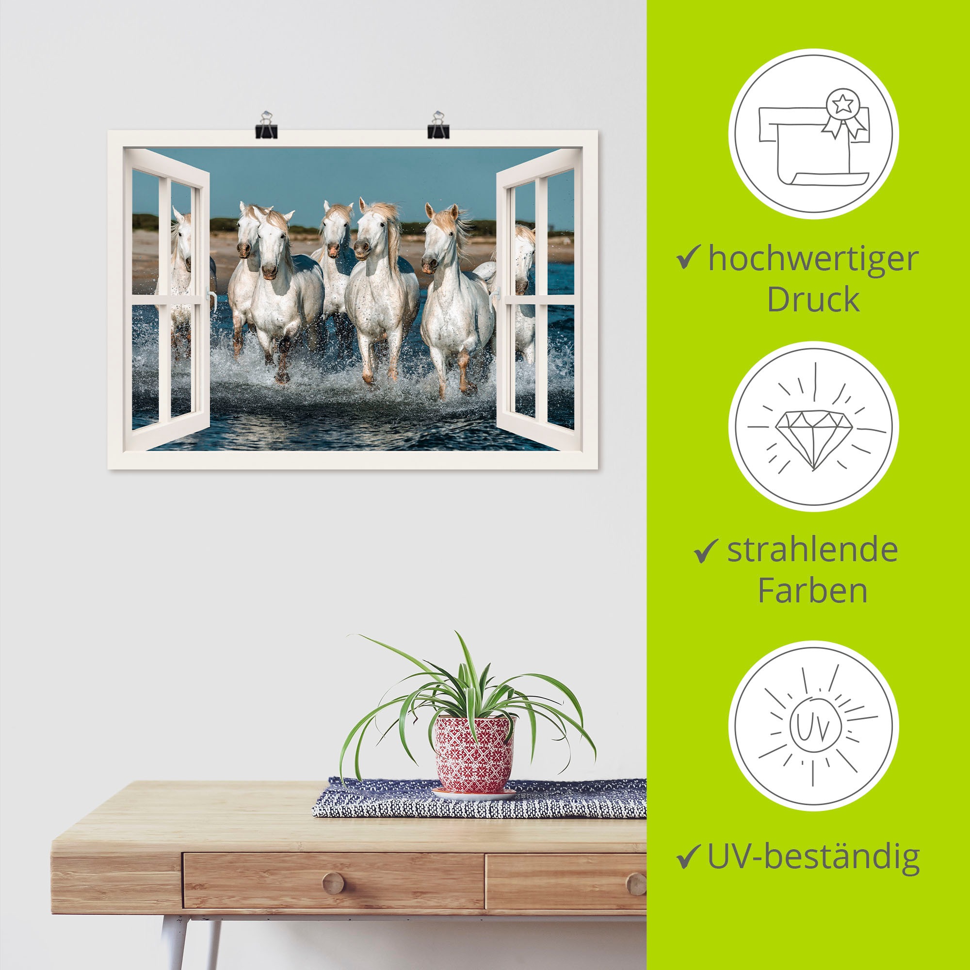 Artland Poster »Fensterblick Pferde am Strand«, Haustiere, (1 St.), als Alubild, Leinwandbild, Wandaufkleber oder Poster in versch. Größen
