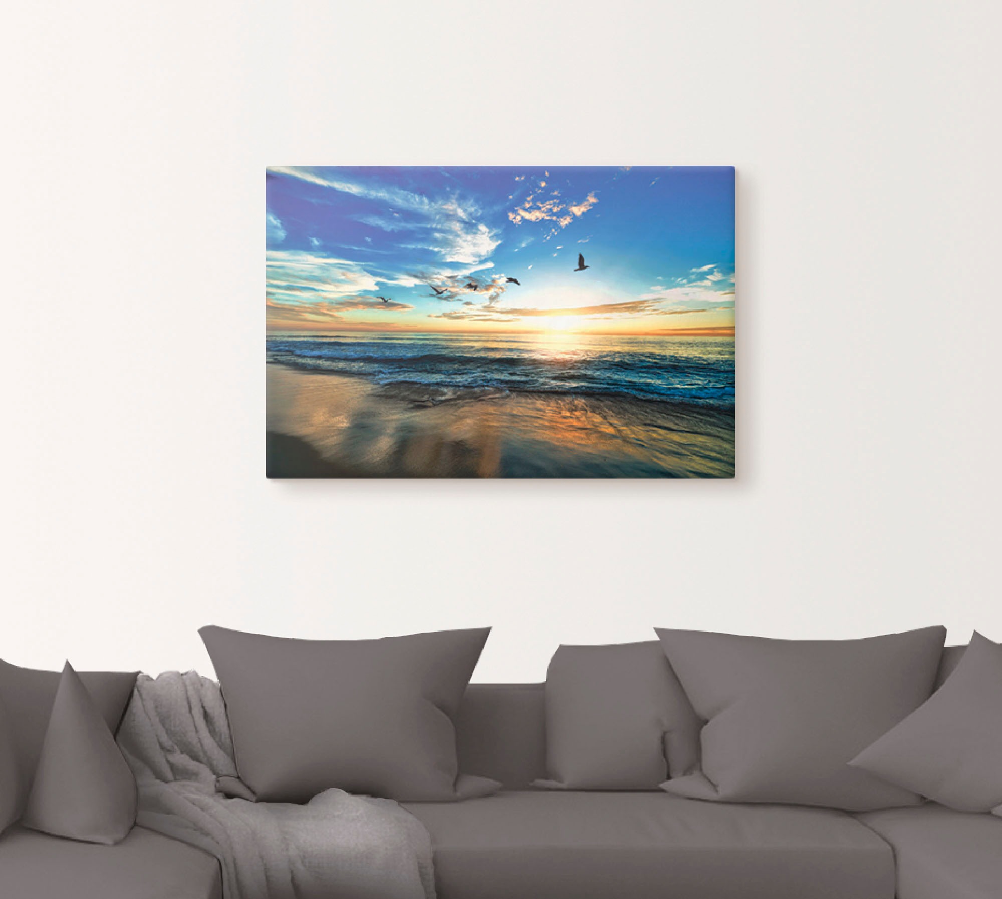 Artland Wandbild »Strand Möwen Meer Sonnenuntergang«, Sonnenaufgang & -untergang, (1 St.), als Alubild, Outdoorbild, Leinwandbild, Poster, Wandaufkleber