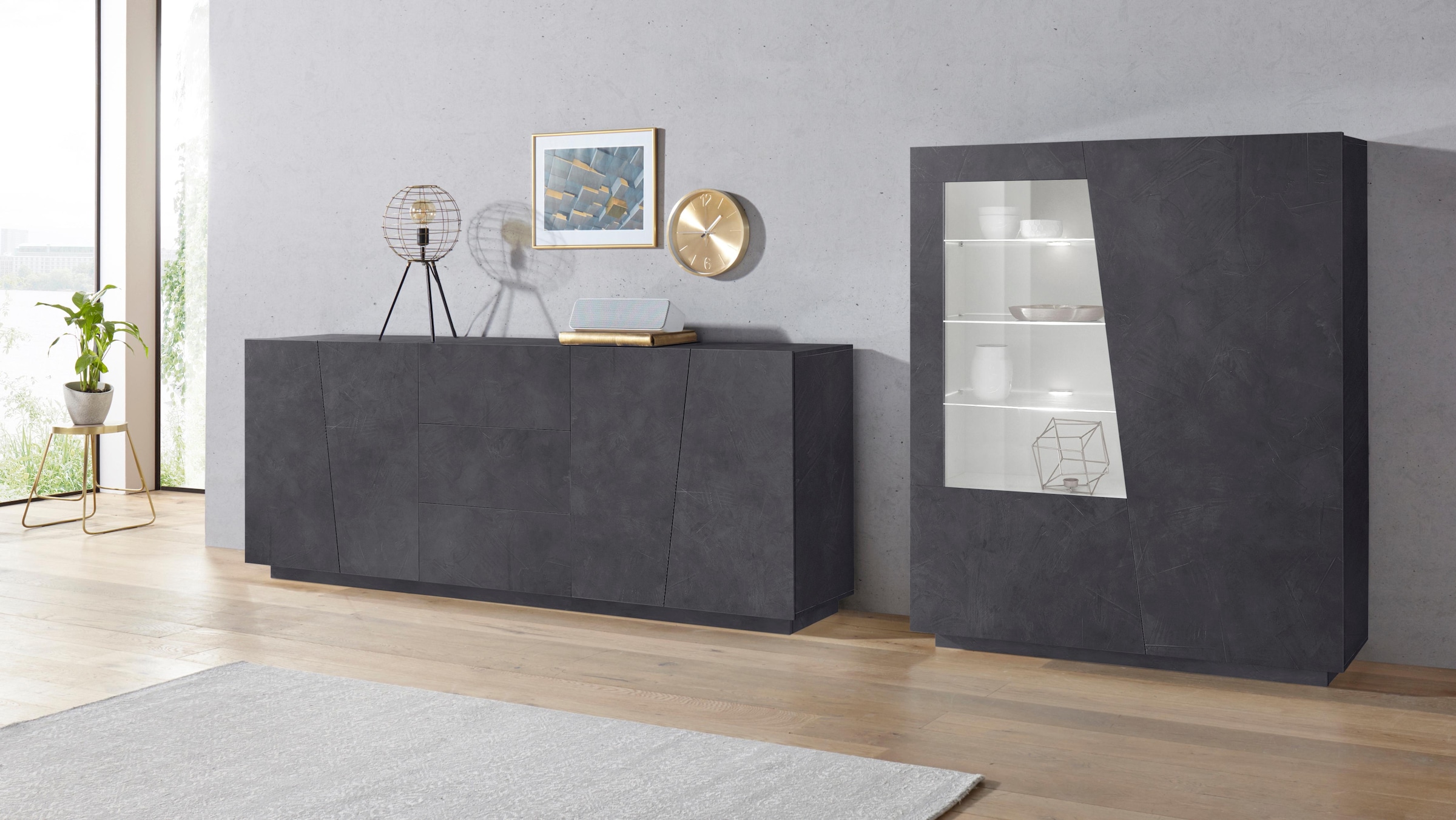 INOSIGN Highboard »Vega, Hochschrank, Hochkommode, Schrank«, mit 2 Türen mit Glaseinsatz, Höhe 146 cm