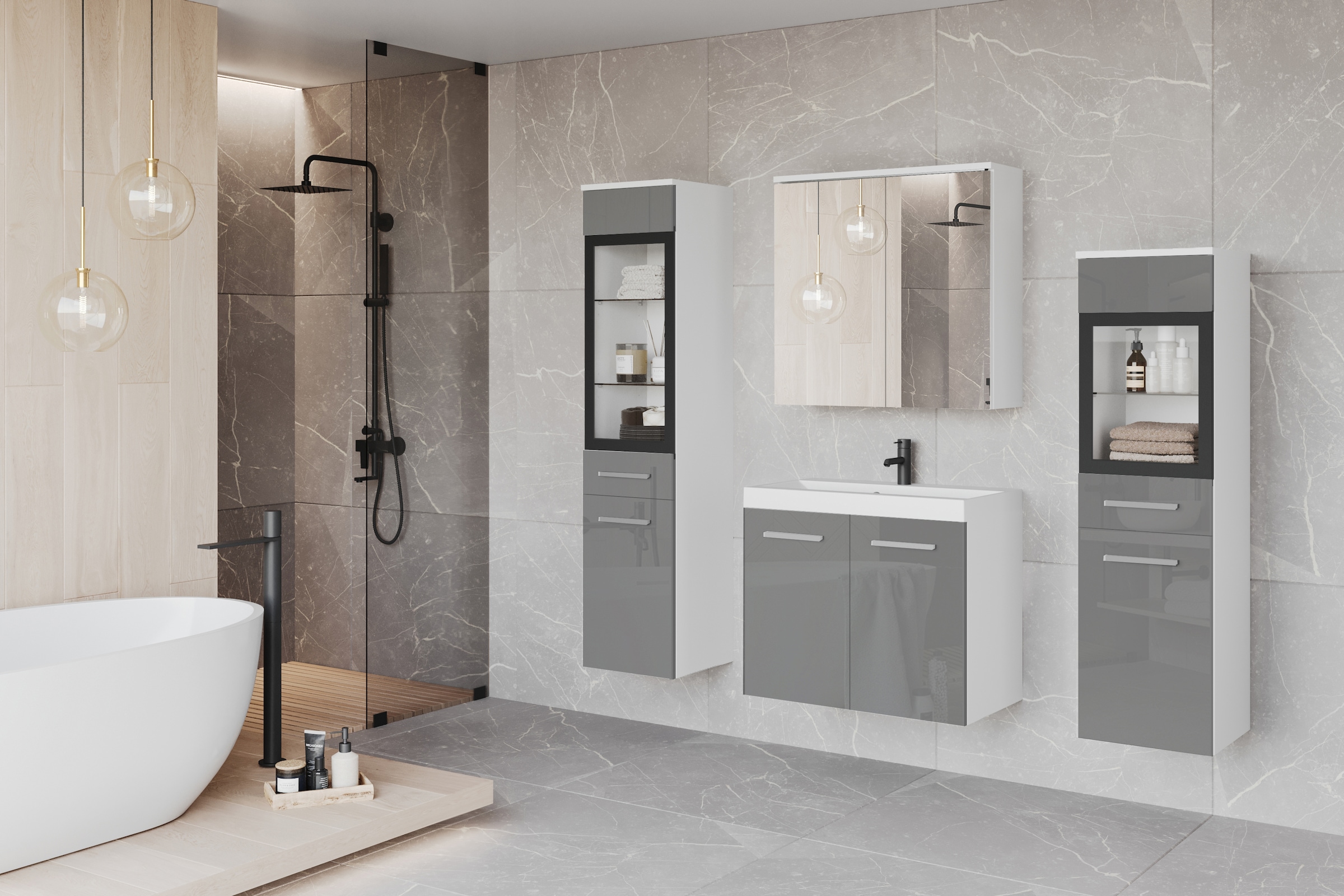 welltime Badmöbel-Set »MADRIT II, Schrank mit Waschbecken, 2 Hänger, Spiegelschrank«, (Komplett-Set, 5 St.), Hängende Badmöbel mit Glaseinsätzen – in vielen Farben erhältlich