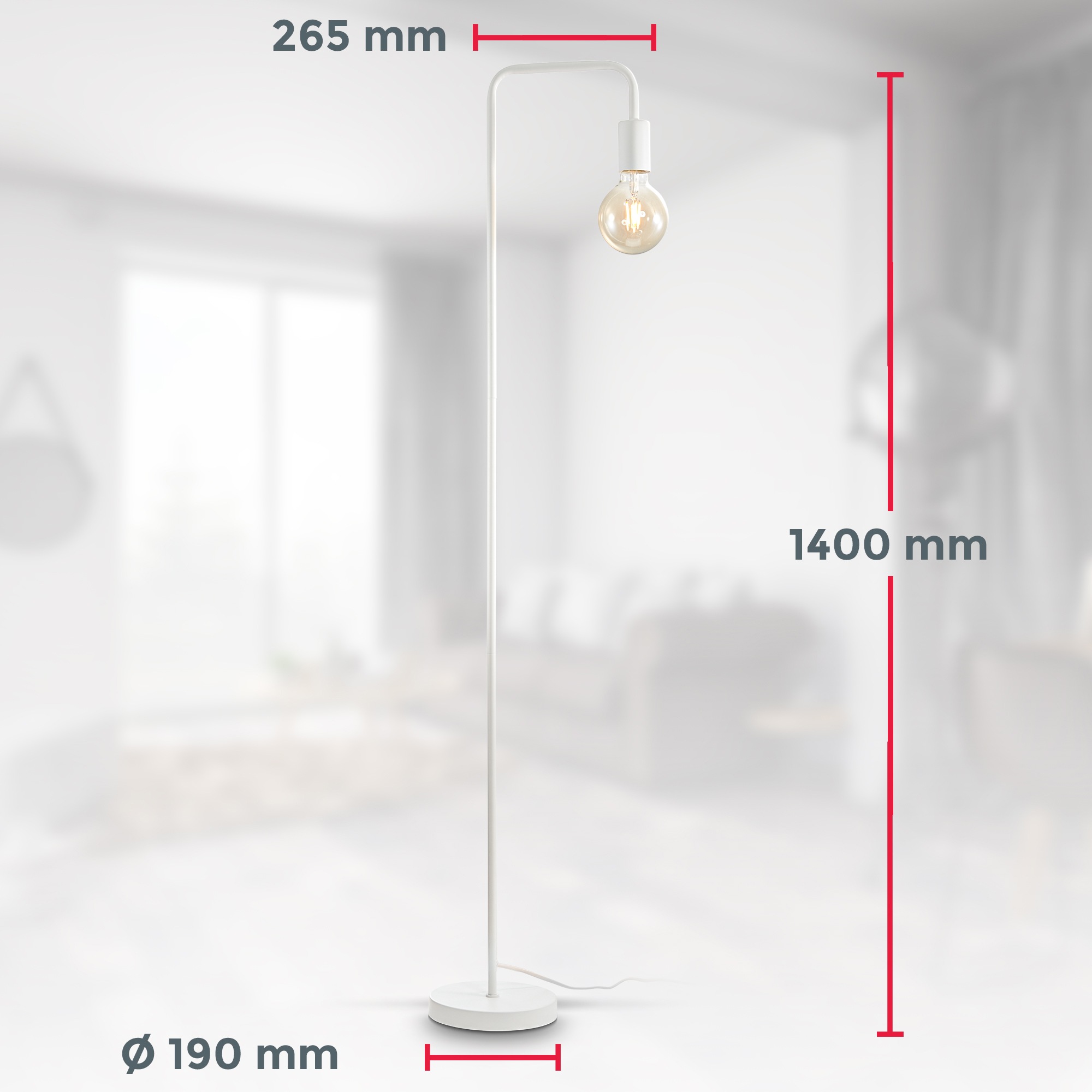 B.K.Licht Stehlampe, Metall, weiß, für Leuchtmittel E27 Fassung, Ohne Leuchtmittel, Inkl. Kabelschalter