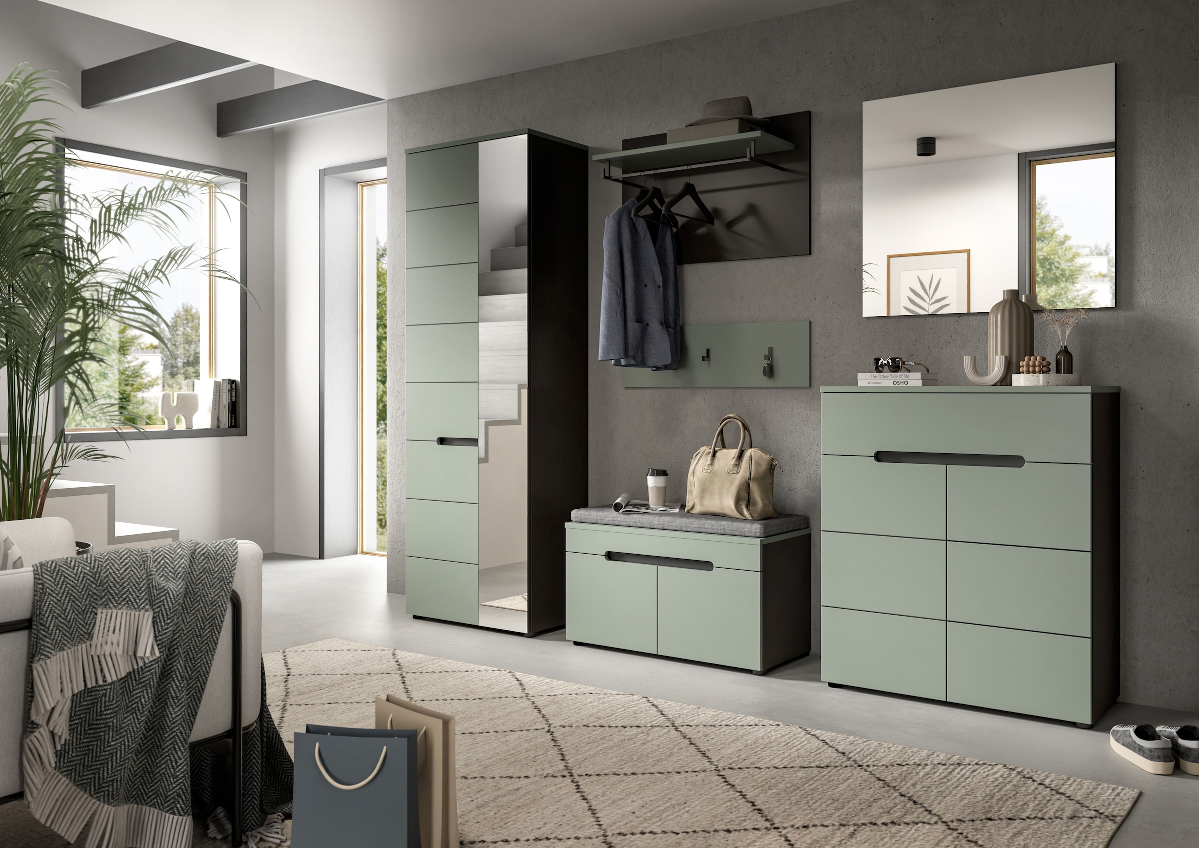 INOSIGN Garderoben-Set, (Set, 6 St., Schrank, Sitzbank, Sitzkissen, Paneel, Hakenleiste, Spiegel, Kommode), Garderobenkombination, Kombination, Set, Flurgarderobe, Diele
