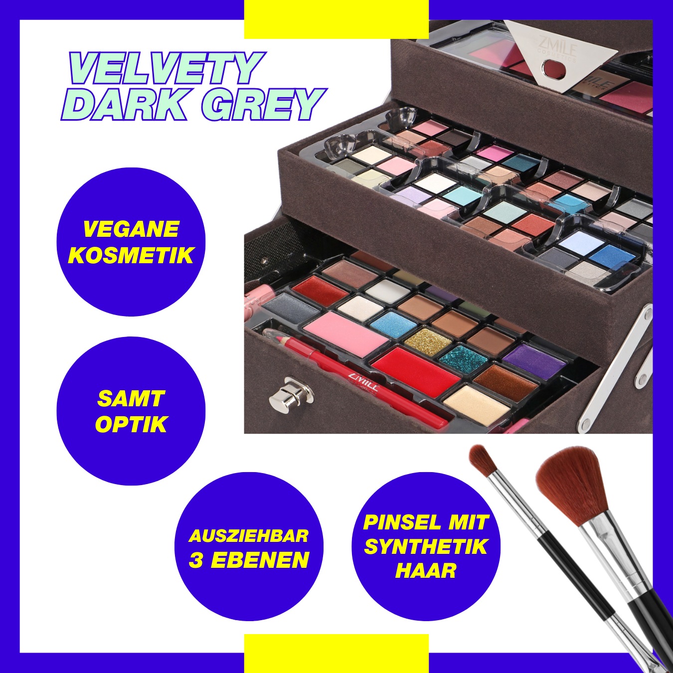 ZMILE COSMETICS Kosmetik-Koffer »'Beauty Case Velvety' (dark grey)«, (72 tlg.), mit veganer Formulierung