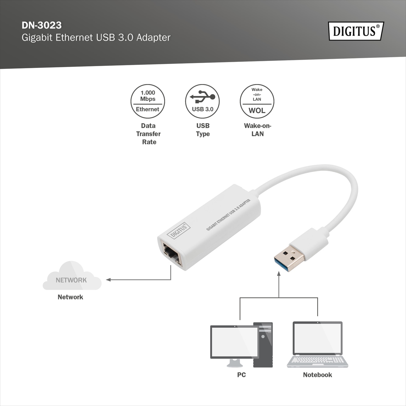 Digitus Netzwerk-Adapter »Gigabit Ethernet USB-3.0-Adapter« 15 cm