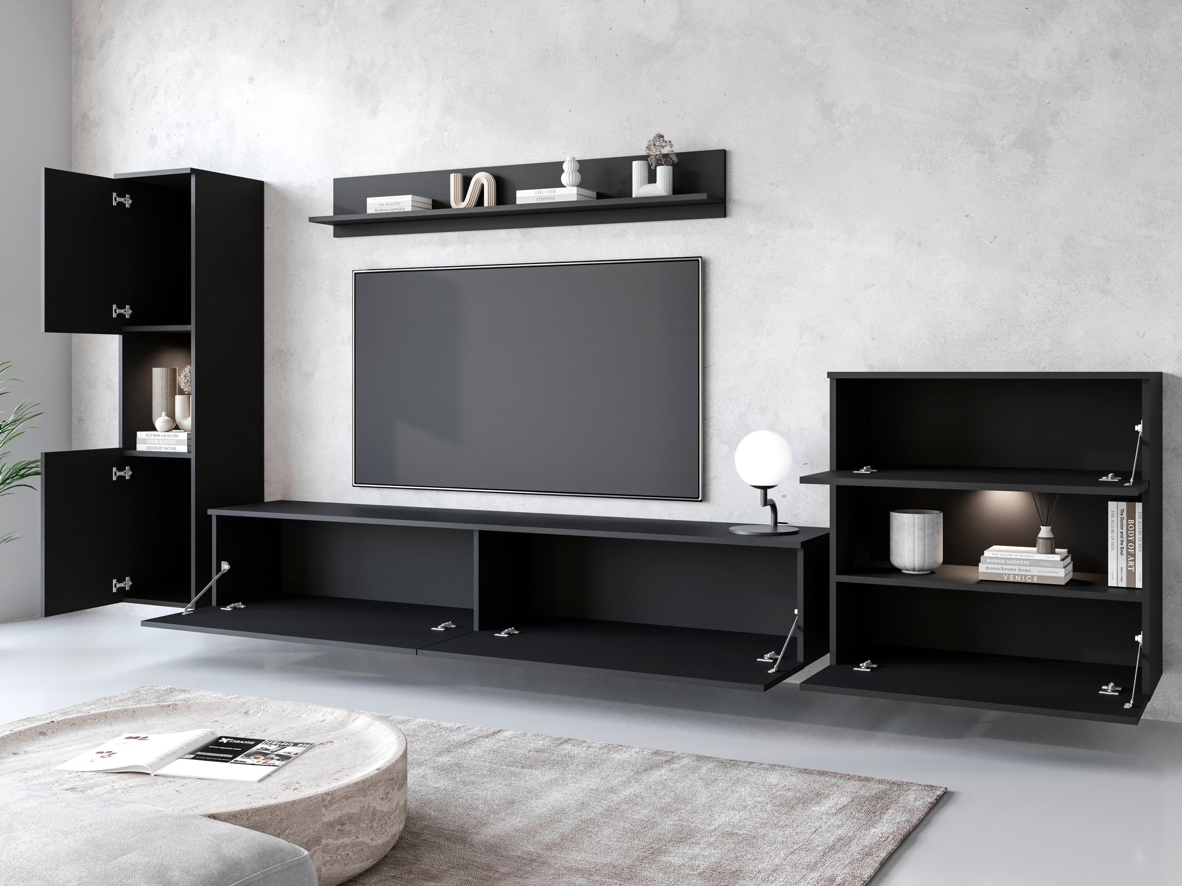 INOSIGN Wohnwand »PARIS«, (Komplett-Set, 4 St.), TV-Wand 300cm breite, grifflose Design, stehend und hängend montierbar