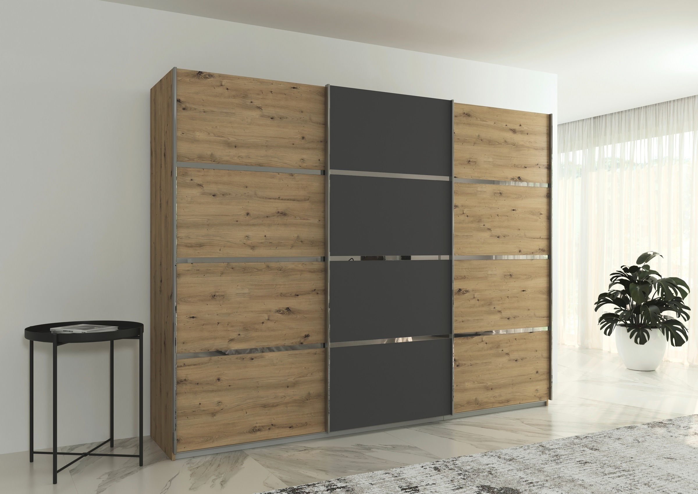 rauch Kleiderschrank »Schwebetürenschrank Garderobe Schrank TOP ANGEBOT Avola«, (in 3 verschiedenen Ausstattungen BASIC/CLASSIC/PREMIUM), mit eleganten Zierleisten in Chrom, Schwarz oder Weiß MADE IN GERMANY