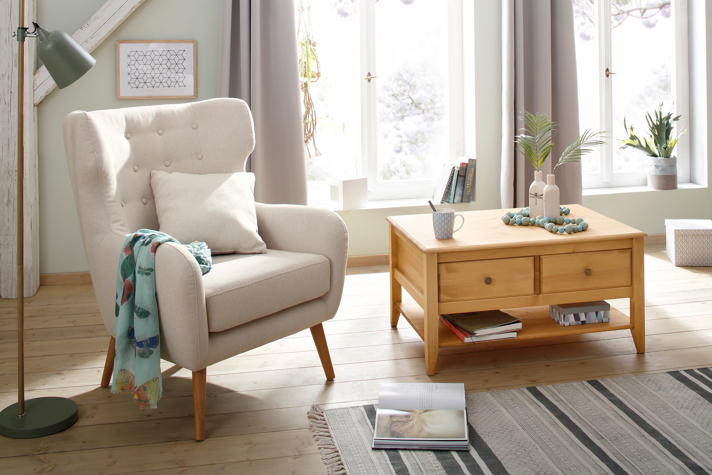 Home affaire Couchtisch »Leonis«, Breite 89 cm, mit Schubladen und Ablageboden, aus massiver Kiefer