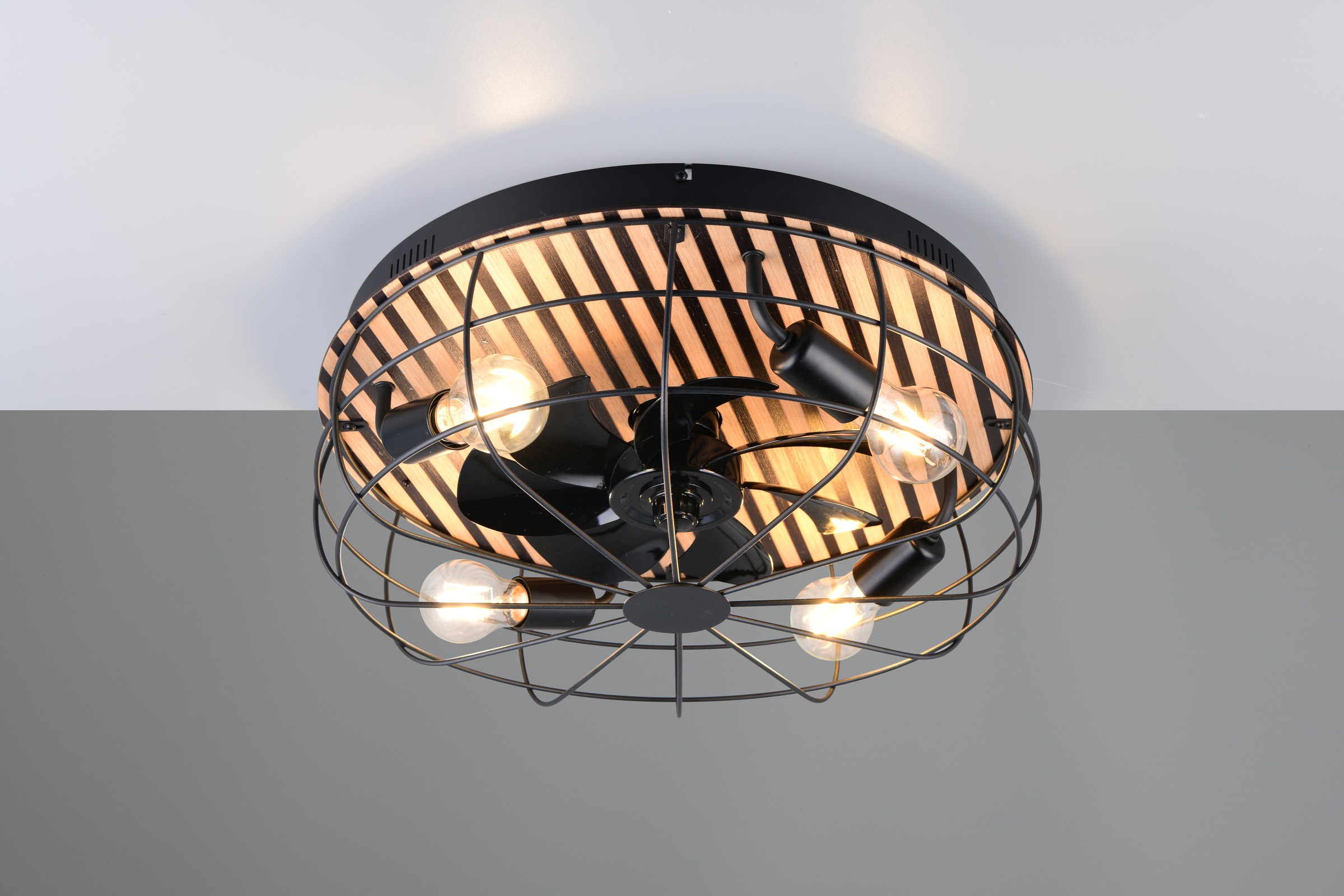 Leonique Deckenleuchte »Nilux mit Ventilator, Deckenventilator mit Licht exkl 4x E27 max 10W«, 4 flammig, Leuchtmittel E27 | Leuchtmittel wechselbar, Holzstreifen Optik Akustikpaneel, Fernbedienung, 3 Stufen + Timer