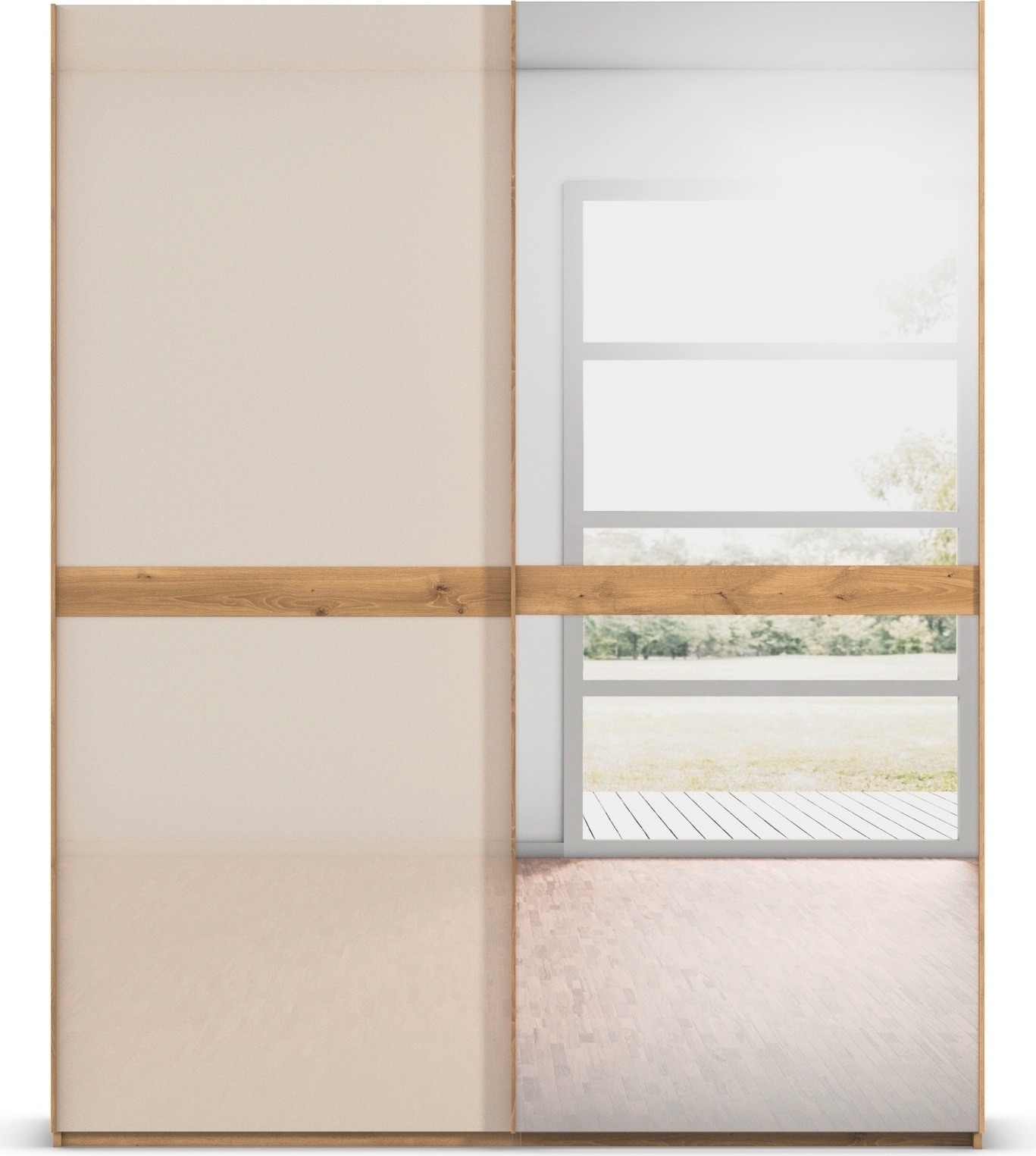 rauch Schwebetürenschrank »Kleiderschrank Schrank Garderobe Schlafzimmerschrank SCALE-LINE«, edle Optik mit Bauchbinde mit Glas/Spiegel-Front MADE IN GERMANY