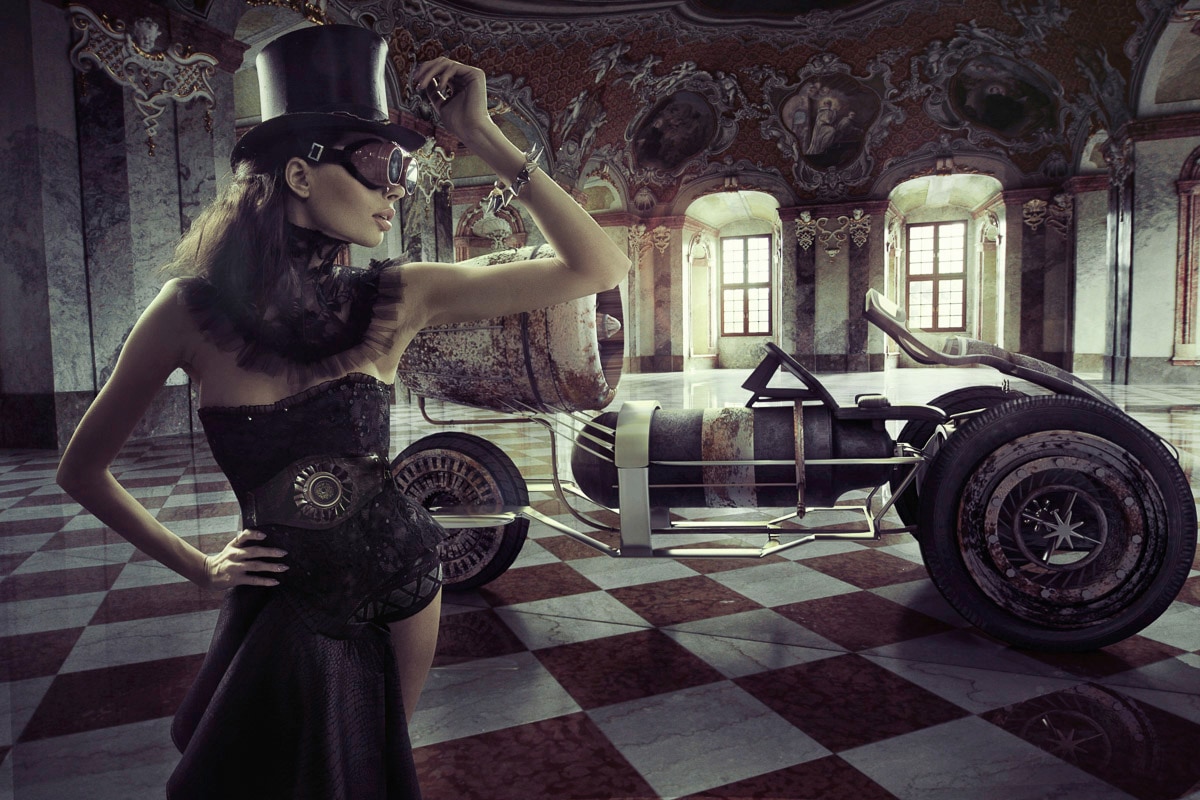 Papermoon Fototapete »STEAMPUNK-FRAU SEXY FANTASIE SURREAL KUNST RETRO AUTO günstig online kaufen