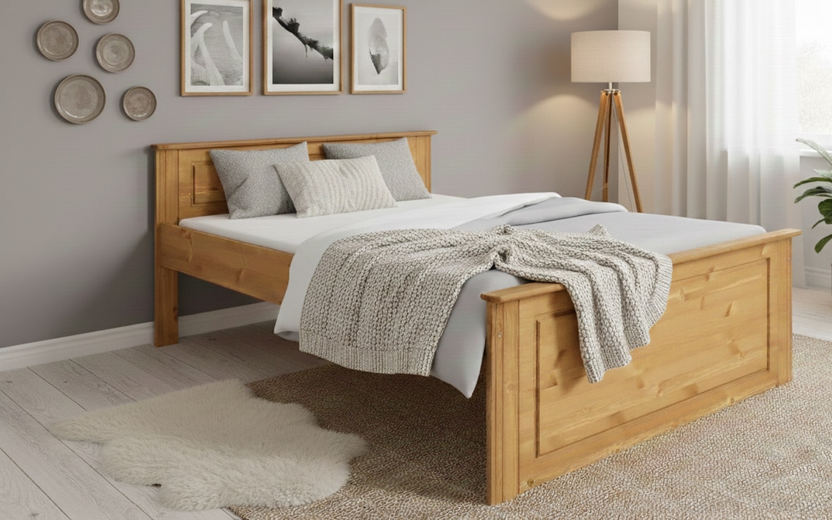 OTTO home Massivholzbett »Hugo, FSC® zertifiziertes Massivholz, Landhausstil« Breite/Belastbarkeit 180cm/200KG, 140cm/180KG,  Stauraumbett, optional inklusive Schubladen, extra belastbar