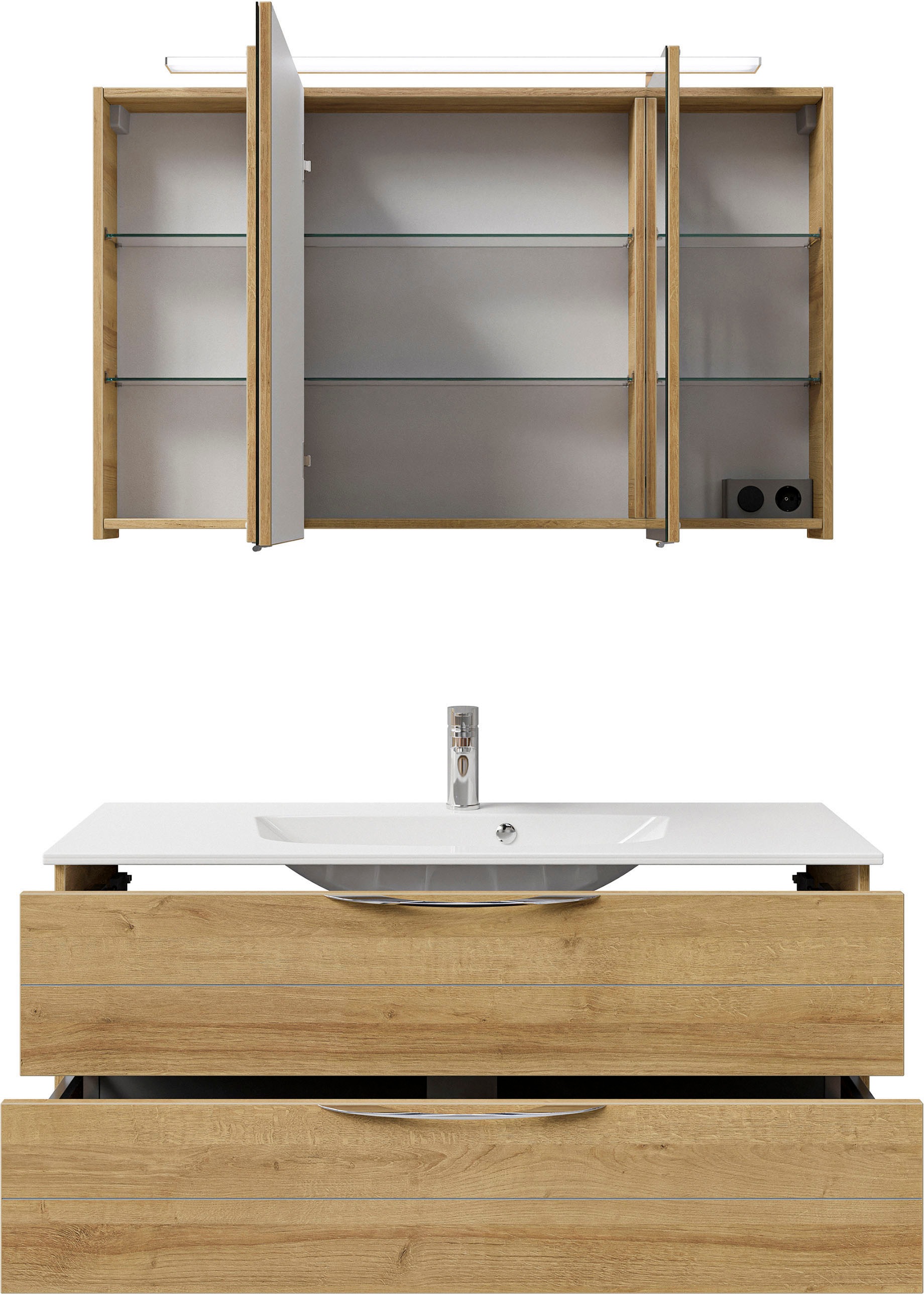 Saphir Badmöbel-Set »Serie 6025 2-teilig Mineralmarmor-Waschtisch mit LED-Spiegelschrank«, (2 St.), Waschplatz 117cm breit, 2 Schubladen, 3 Spiegel-Türen, inkl Türdämpfer