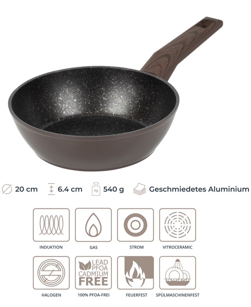 RESTO Kitchenware Bratpfanne »Carina, tiefe Schmorpfanne mit holzähnlichem Soft-Touch-Griff«, Aluminium, (1 tlg.), mit Marmor-Antihaftbeschichtung, 4-lagig, für alle Herdarten geeignet