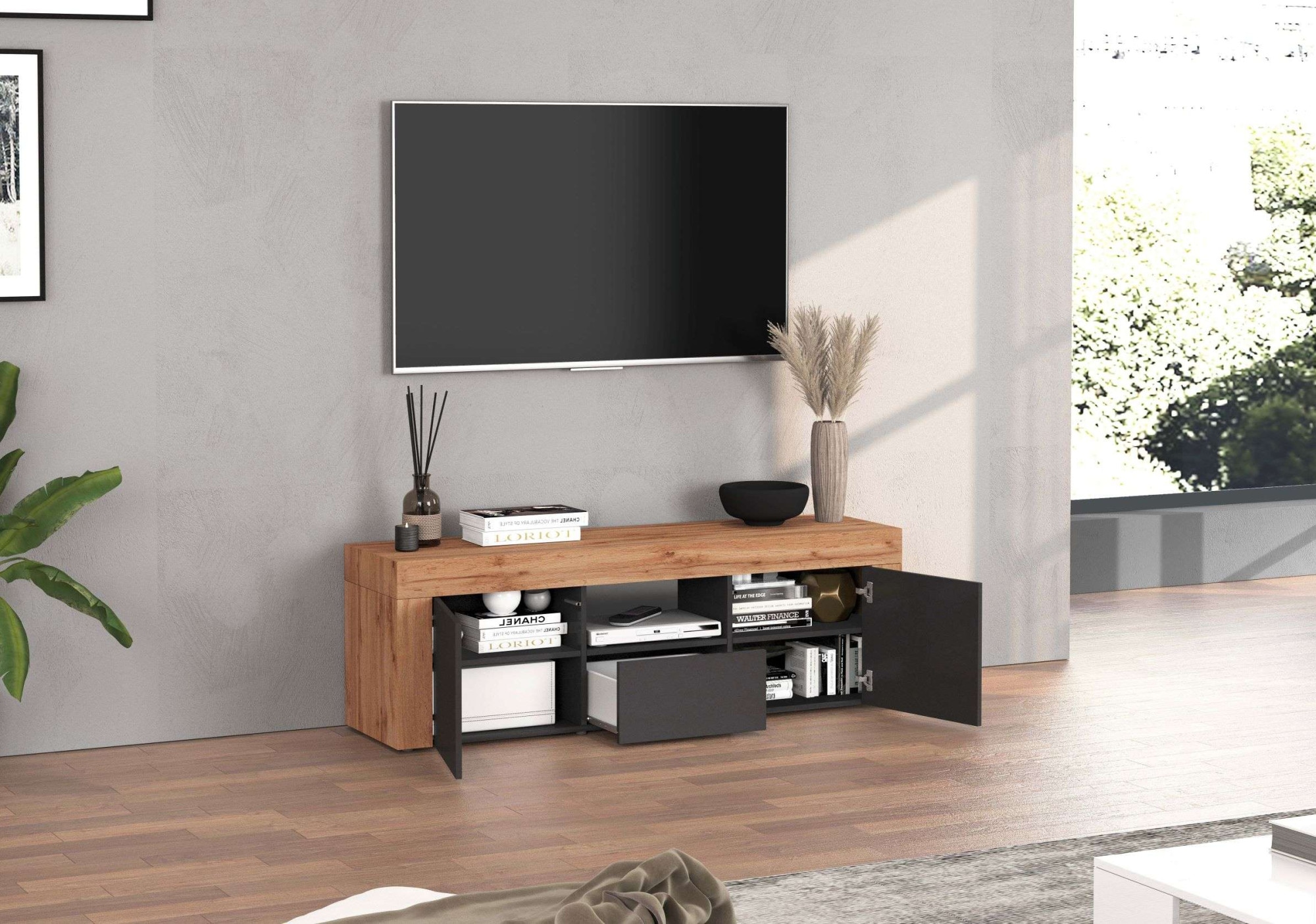 INOSIGN Lowboard »CHRONOS Breite 155 cm mit 2 Türen, 1 Schublade,1 offenes Fach«, (1 St.), TV-Board, Sideboard niedrig, Grifflos mit Push to Open 'Made in Italy'